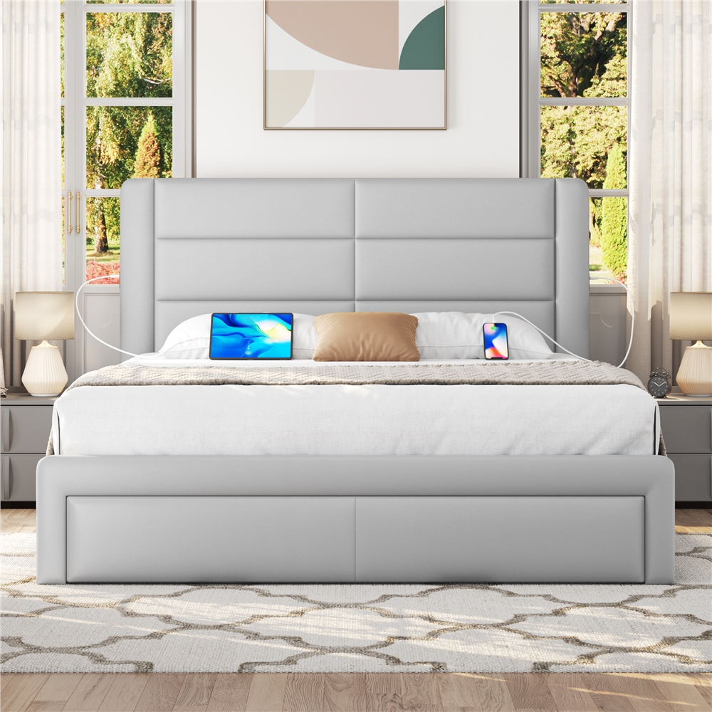 

Full/queen Upholstered Bed Frame With 3 Storage Drawers And Built-in Usb Ports/leather Upholstered Headboard