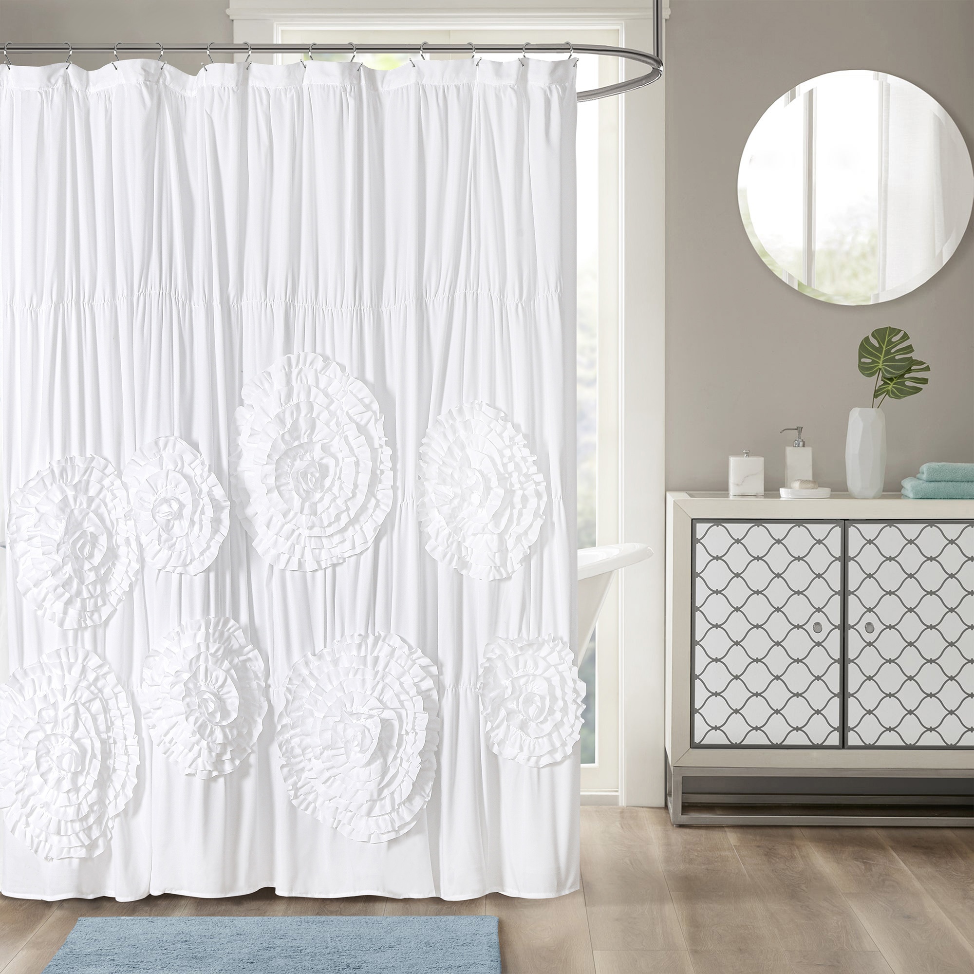 

Farmhouse Ruffle Shower Curtain With Handmade 3d Flowers, Vintage Ruched Fabric Shower Curtains For Bathroom, Decorative Luxury Bathroom Curtain With 12 Holes, White, 72" X 72