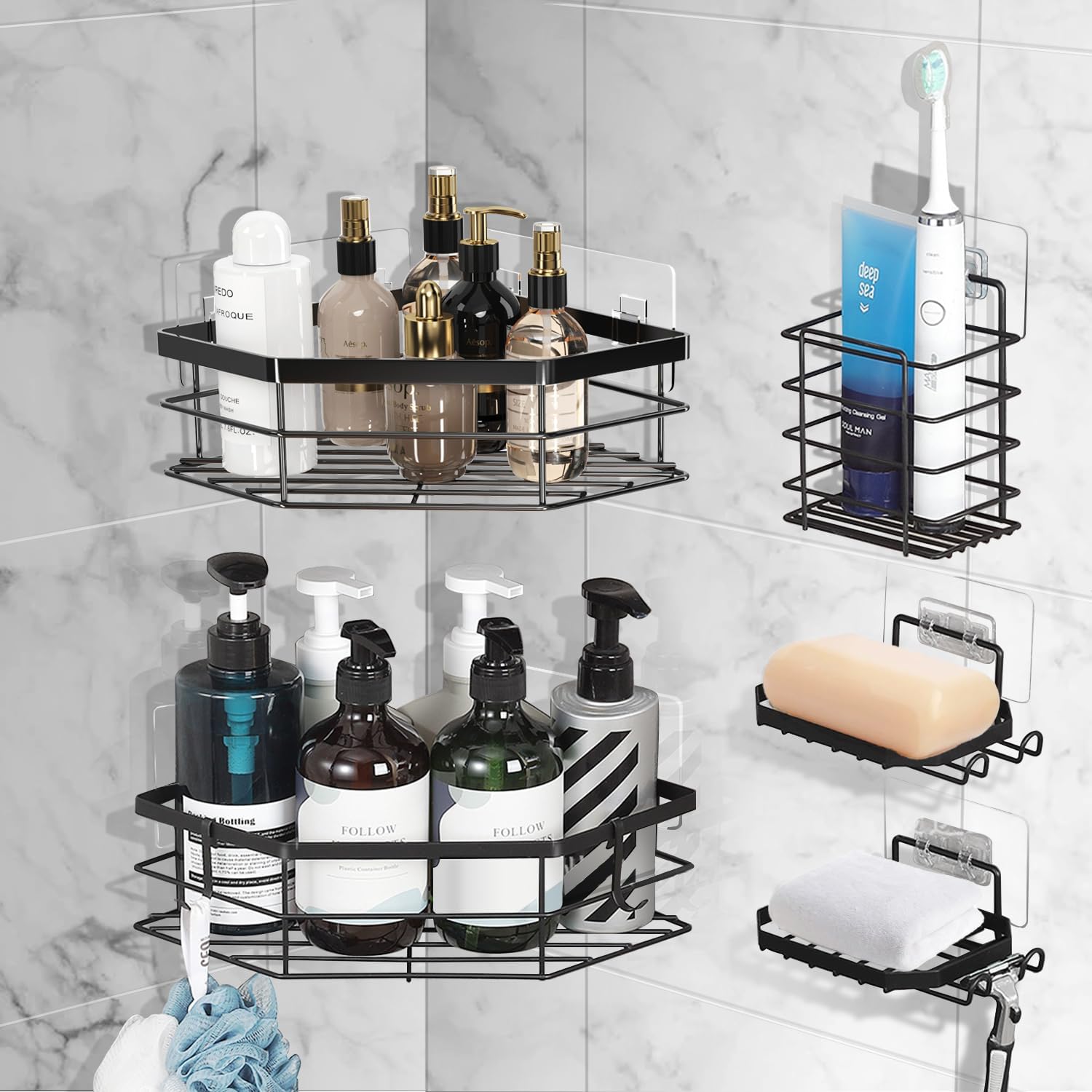 

Black Shower Caddy 5 Pack Set, Bathroom Shower Organizer Shower Shelves With Soap & Toothbrush Holders, Bathroom Storage Organizer