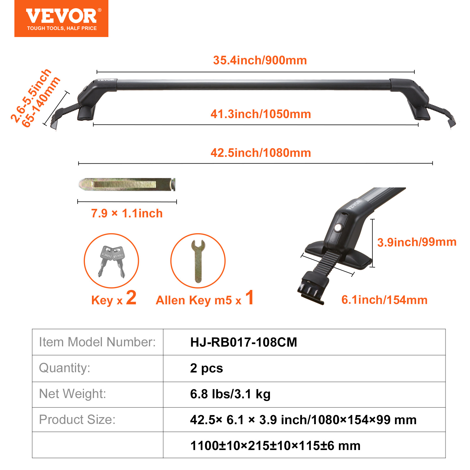 

Vevor Universal Roof Rack Cross Bars, 41.3" Aluminum Roof Rack Crossbars, Fit Roof Without Side Rail, 155 Lbs Load Capacity, Adjustable Bare Roof Crossbars With Locks, For Suvs, Sedans, And