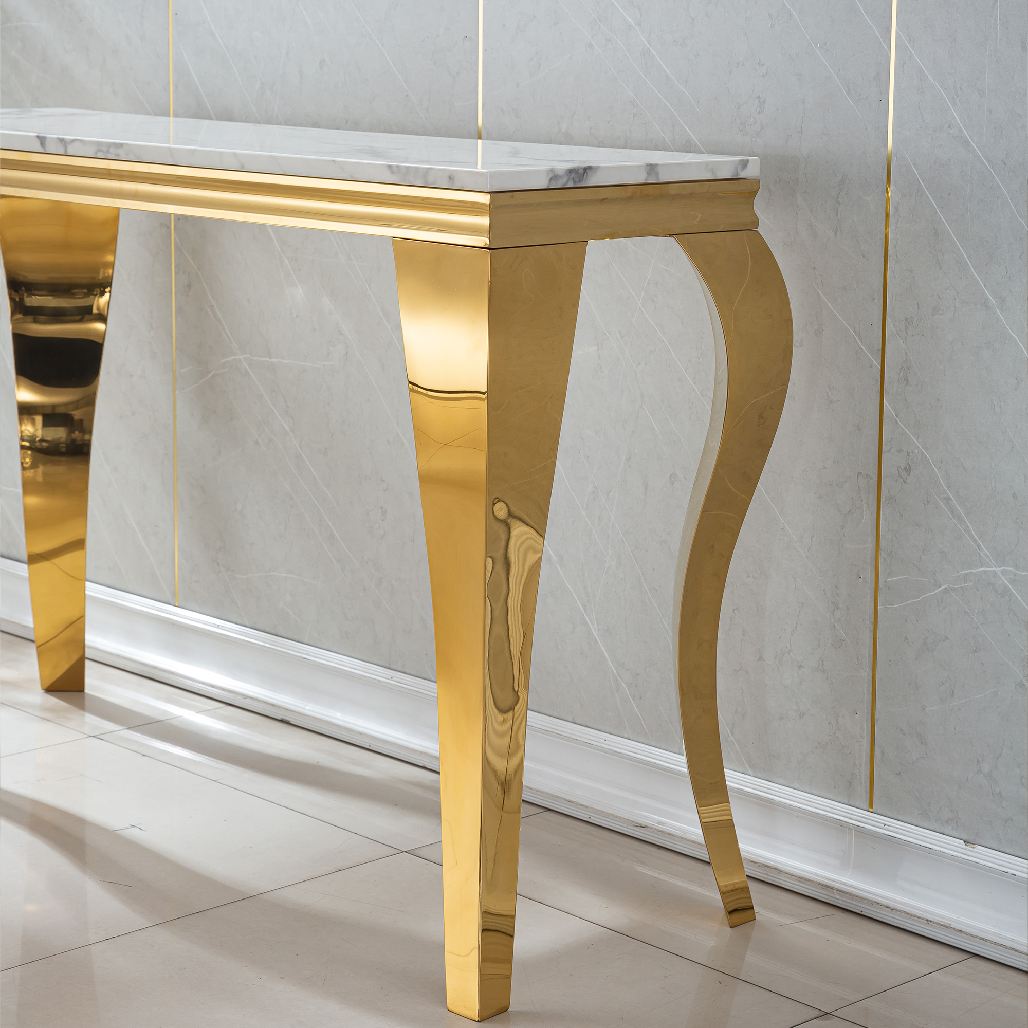 47in Marble Console Table with S-Shape Stainless Steel Legs, Modern Rectangular Faux Marble Entry Table, Sofa Accent Table for Living Room, Entryway, Hallyway, Entrance