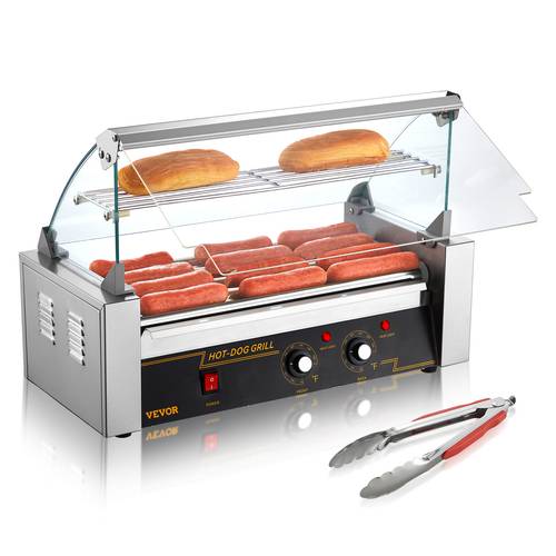 hot dog roller 5 rollers 12 7 rollers 18 capacity stainless sausage grill cooker machine with hood acrylic cover bun warmer shelf removable oil drip tray
