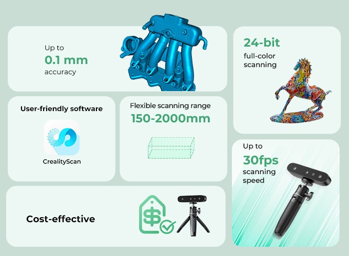 Creality CR-Scan Ferret SE 3D Scanner Anti-Shake Tracking 24-Bit Full Color Up to 0.05mm 30fps Scanning Speed 150-2000mm