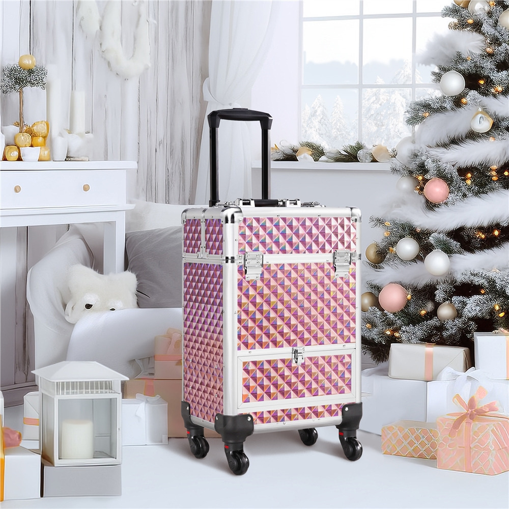 Rolling Makeup Case Makeup Train Case Aluminum Cosmetic Case Travel  Makeup Train Case with Drawers and Wheels