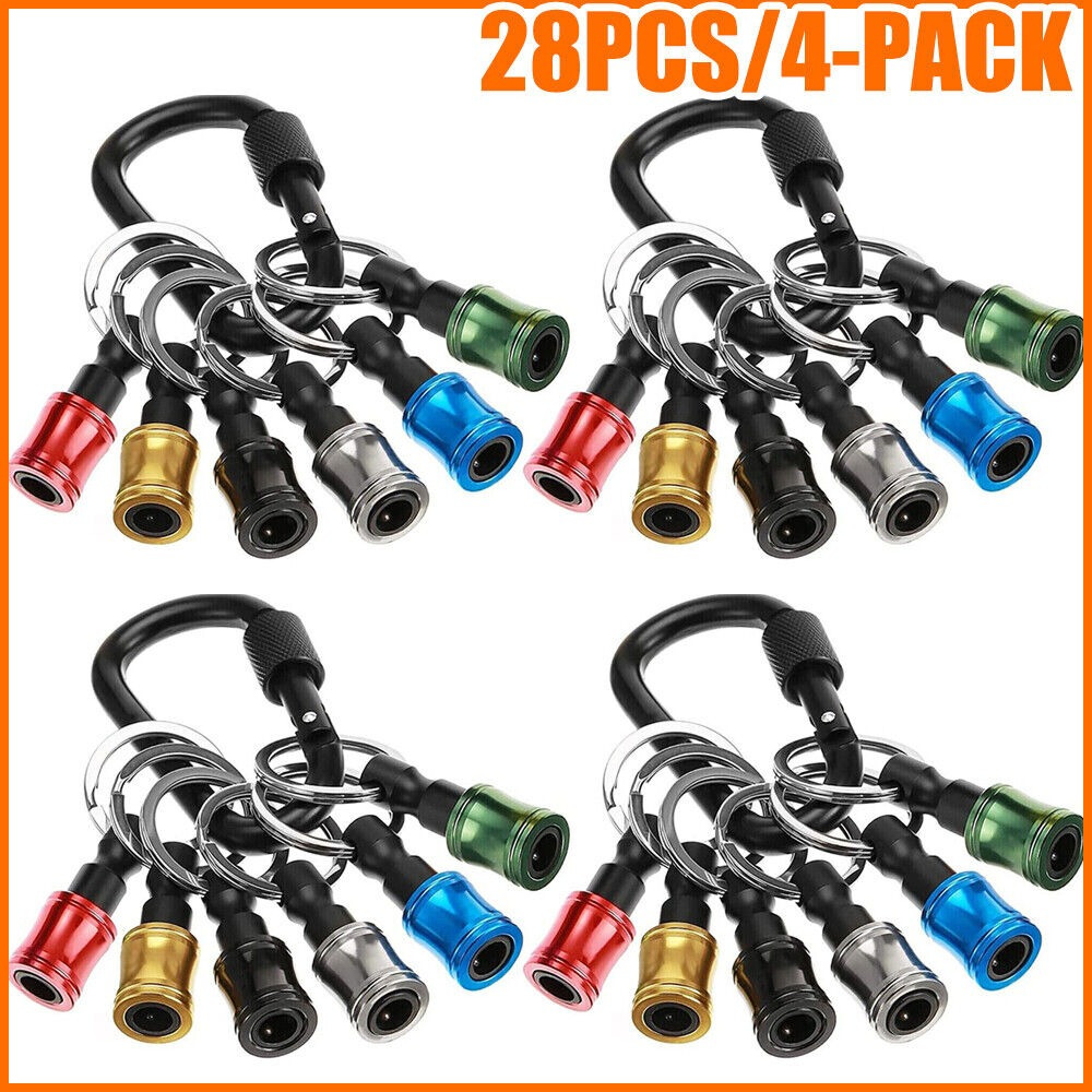 

28pcs Bits Holder Keychain, 1/4" Hex Shank Screwdriver Bits Holder, Extension Bar Keychain Drill Screw Adapter With Black Carabiner, Portable Bit Holder For Drill