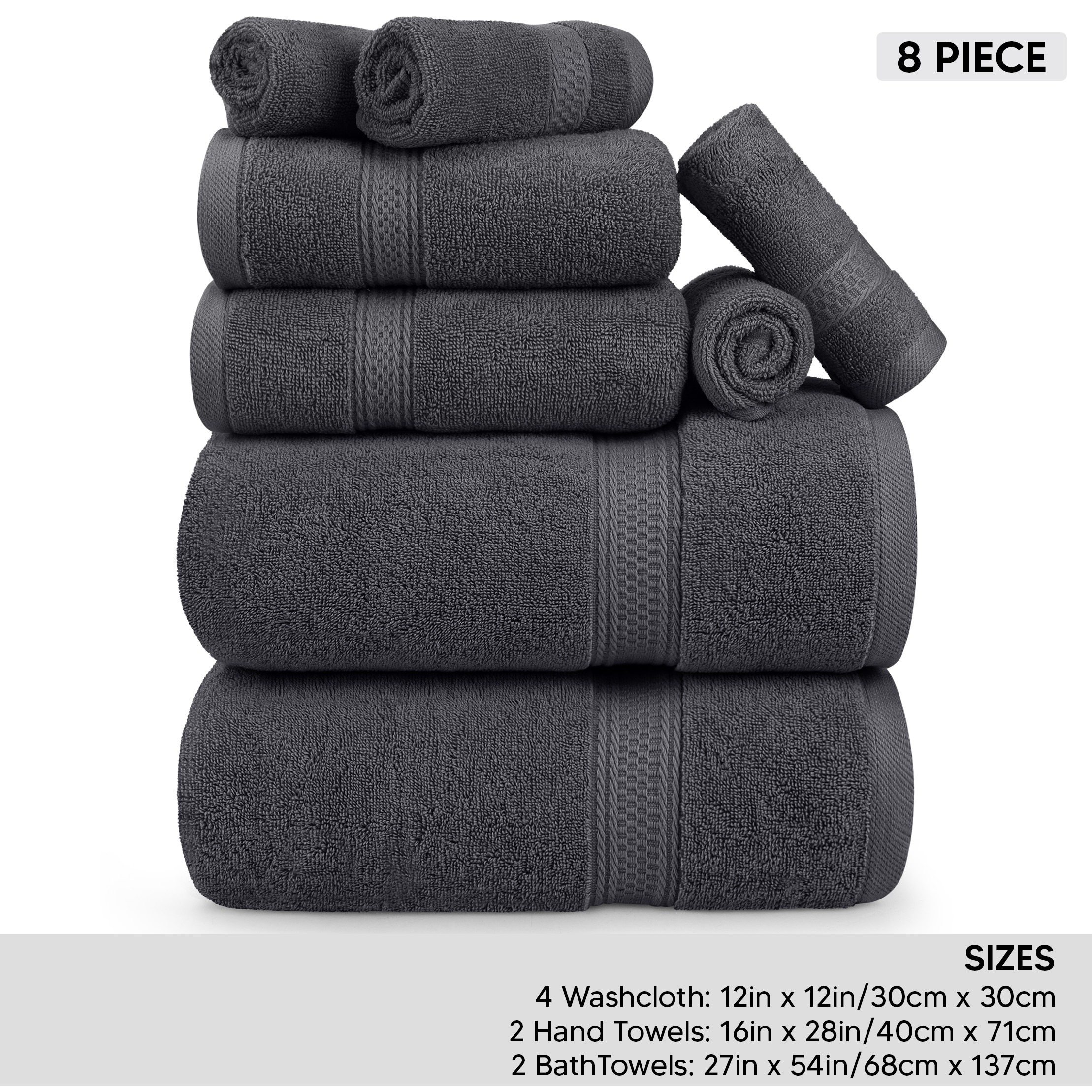 

8 Towels, 2 Bath Towels, 2 Towels, And 4 Cloths, 600 Gsm 100% Spun Towels For Bathroom, , Spa, Gym