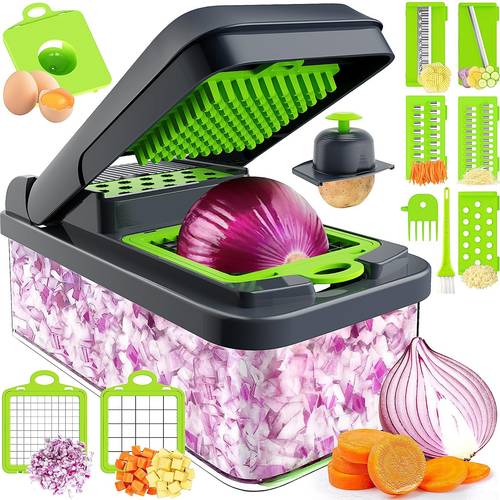 12 in 1 vegetable chopper 7 blade veggie chopper practical food chopper with container cheese grater kitchen gadgets green grey