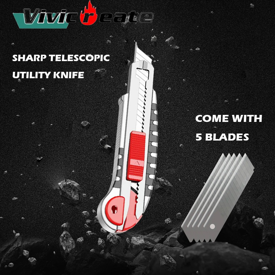 

Vivicreate Utility Knive, 5 Blades, Duty Weight, Retractable For Cartons, Cardboard And Boxes, 18mm Sharp Blade, Smooth Mechanism, Office And Home Use