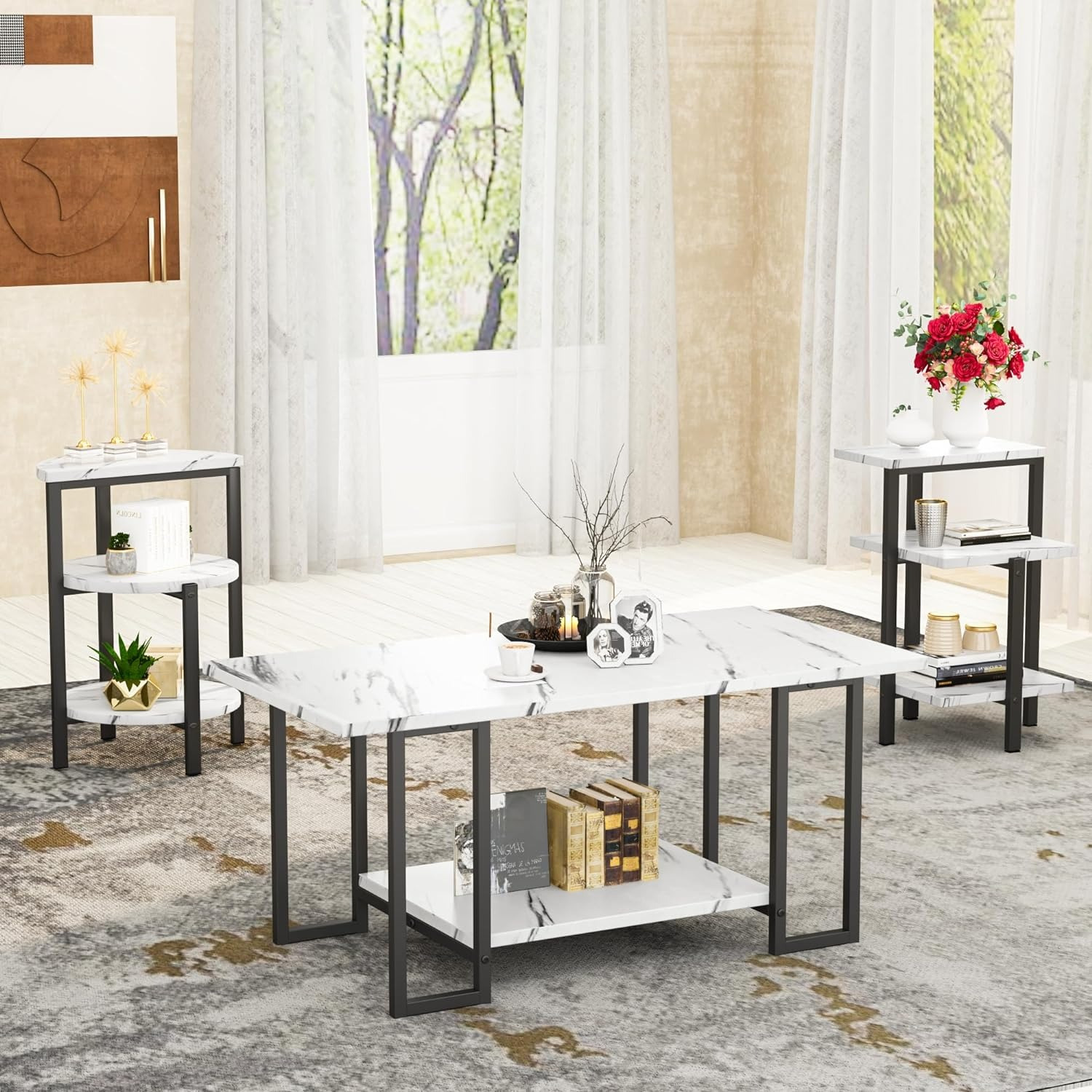 

Set Of 3, Coffee Table & 2 End Side Table, With Marble Tabletop And Metal Frame, 3 Piece Living Room Table Sets With Multi Tier Storage For Living Room, Small Space, Apartment