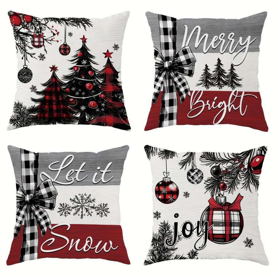 

Set Of 4 Christmas - 18x18 , Polyester, Zippered, , Stripes , Christmas Tree, And Bow , Decorative Pillowcases For And Sofa Decor (inserts Not Included)