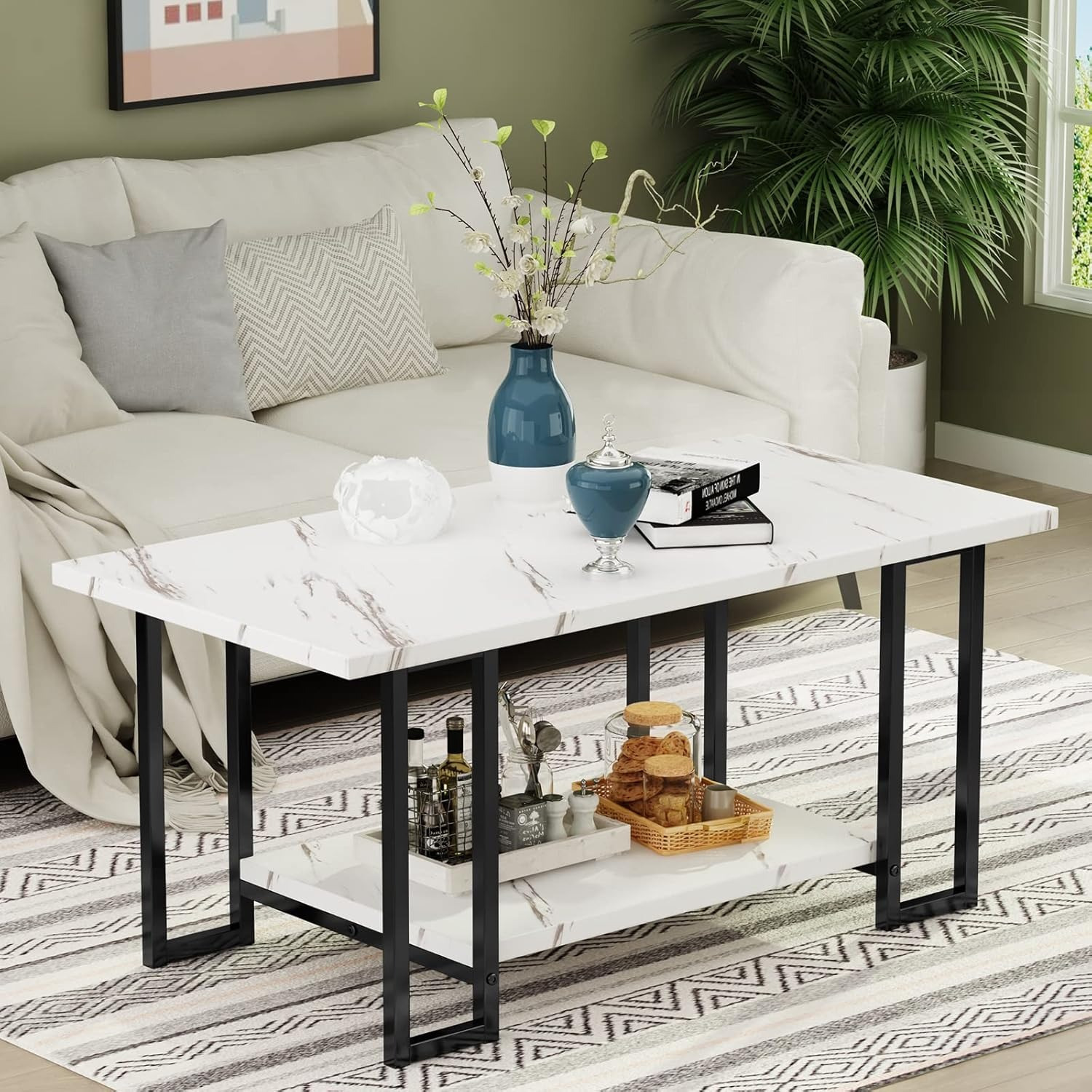 TEMU Marble Coffee Table, Rectangular Coffee Table With Marble Tabletop And Open Shelf, 2 Tier Living Room Office Table With Black Metal Frame For Living Room, Office, Small Space, , 40 Inch