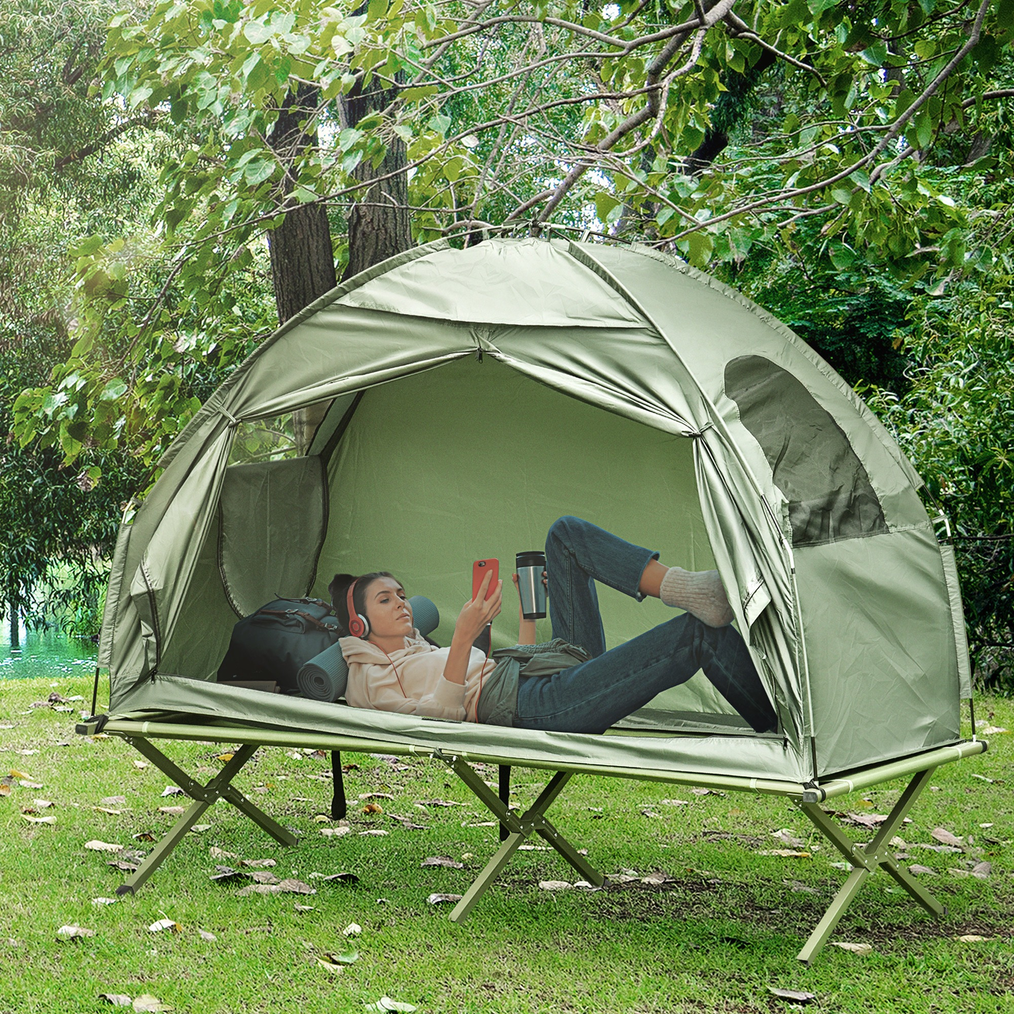 TEMU Outsunny Camping Tent Cot, Single Person Folding Cot Combo, Tent, Bed With Carry Bag For Hiking, Camping