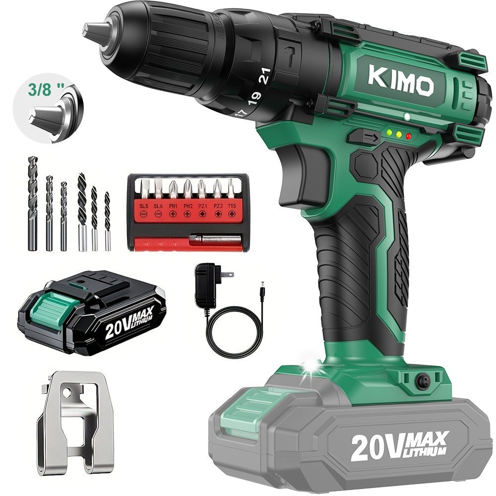 

Kimo 20v Cordless Drill Set 2 Batteries And Charger, 3/8" Chuck, 350 In-lb Torque, 1350 Rpm, 211 Position, 18pcs Accessories, Power Drill For Home Drilling Wood Bricks Walls Metal