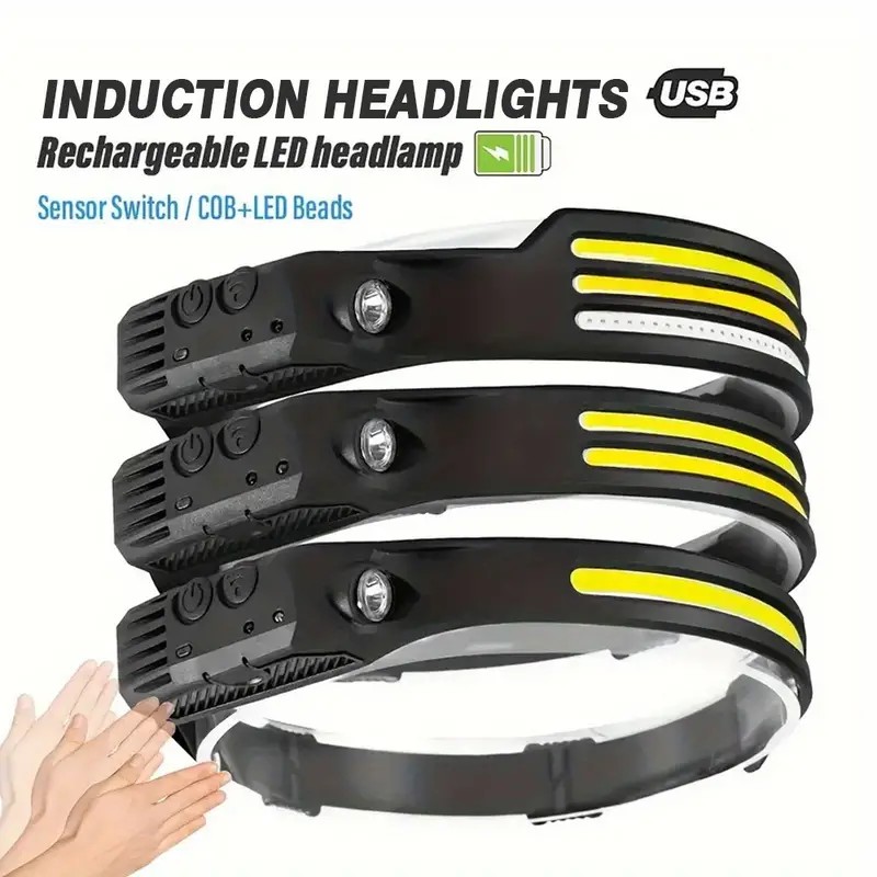 

A Ledcob Usb Rechargeable Headlight For , 1/2/3 Headbands, , Portable , Suitable For Running, , Camping, , , 400mah Battery