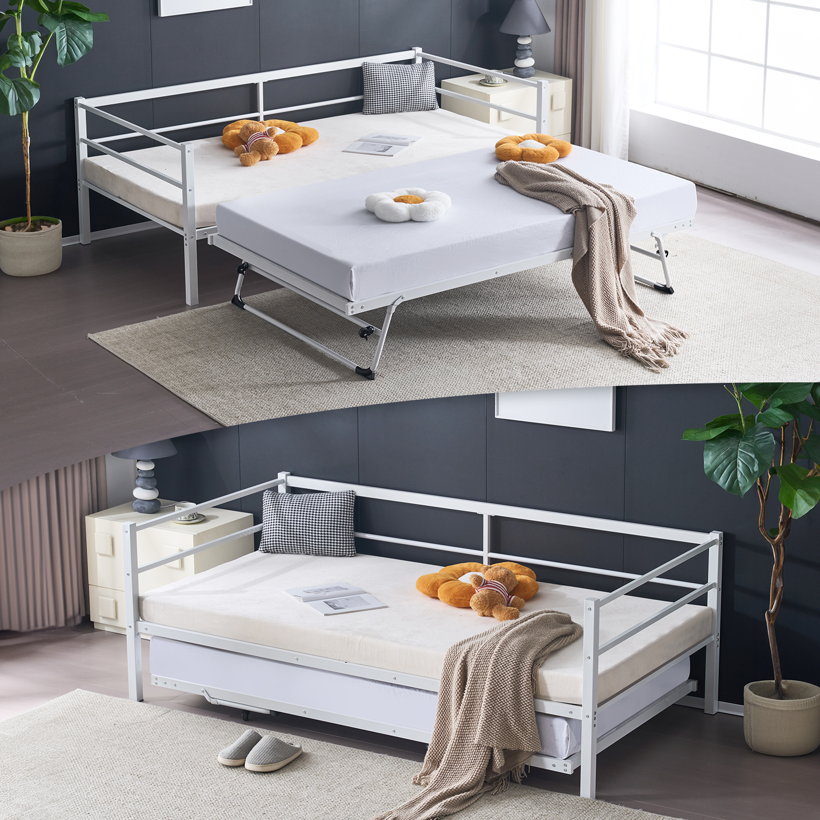 TEMU Twin Daybed With Trundle-pop Up Trundle Bed With Heavy Duty Metal Bed Frame, Spring Needed, Metal Sofa Bed Frame With Steel Slat Support For Home Decorations Living Room, Bedroom, And