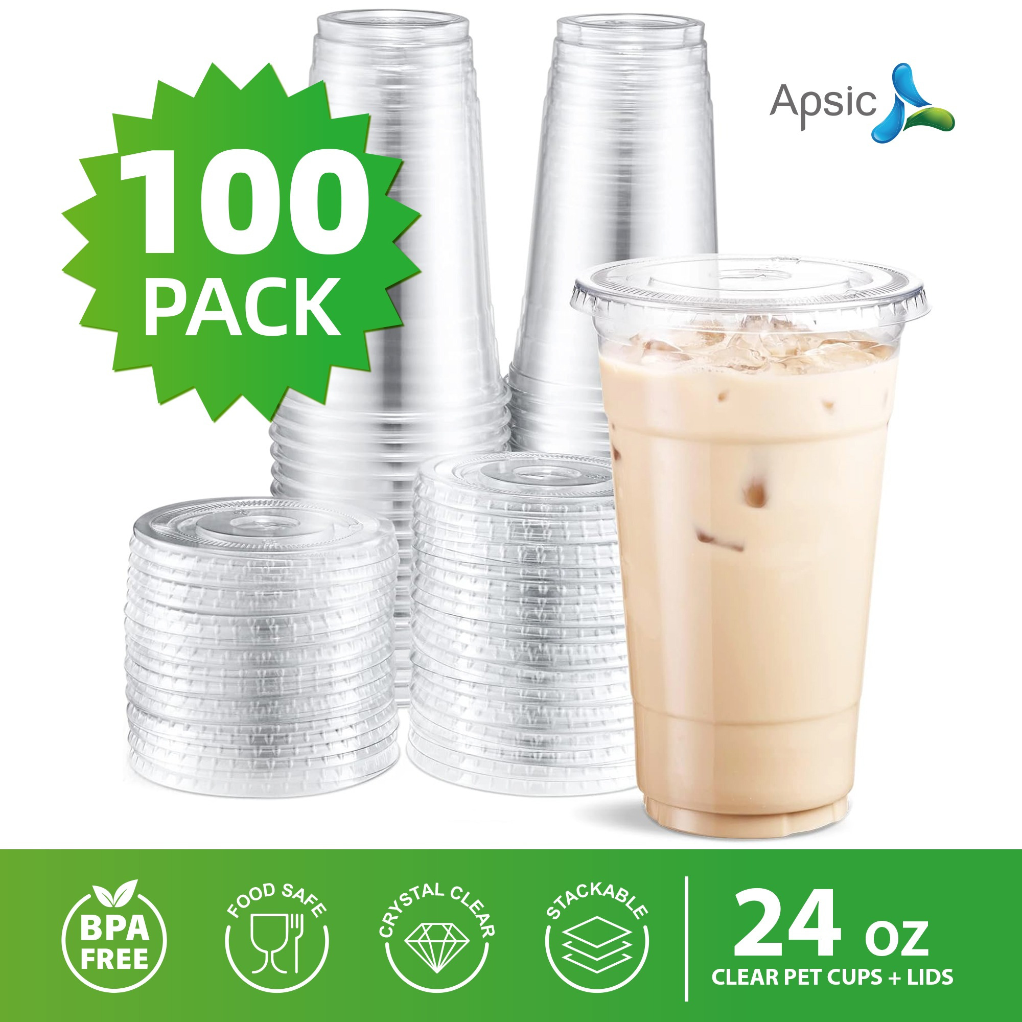 TEMU [24oz 100 Set] Clear Plastic Cups With Flat Lids, Apsic Disposable Pet Cups - Ideal For Iced Coffee, Smoothie, Milkshake, Juice, Drinks And Cold Beverages