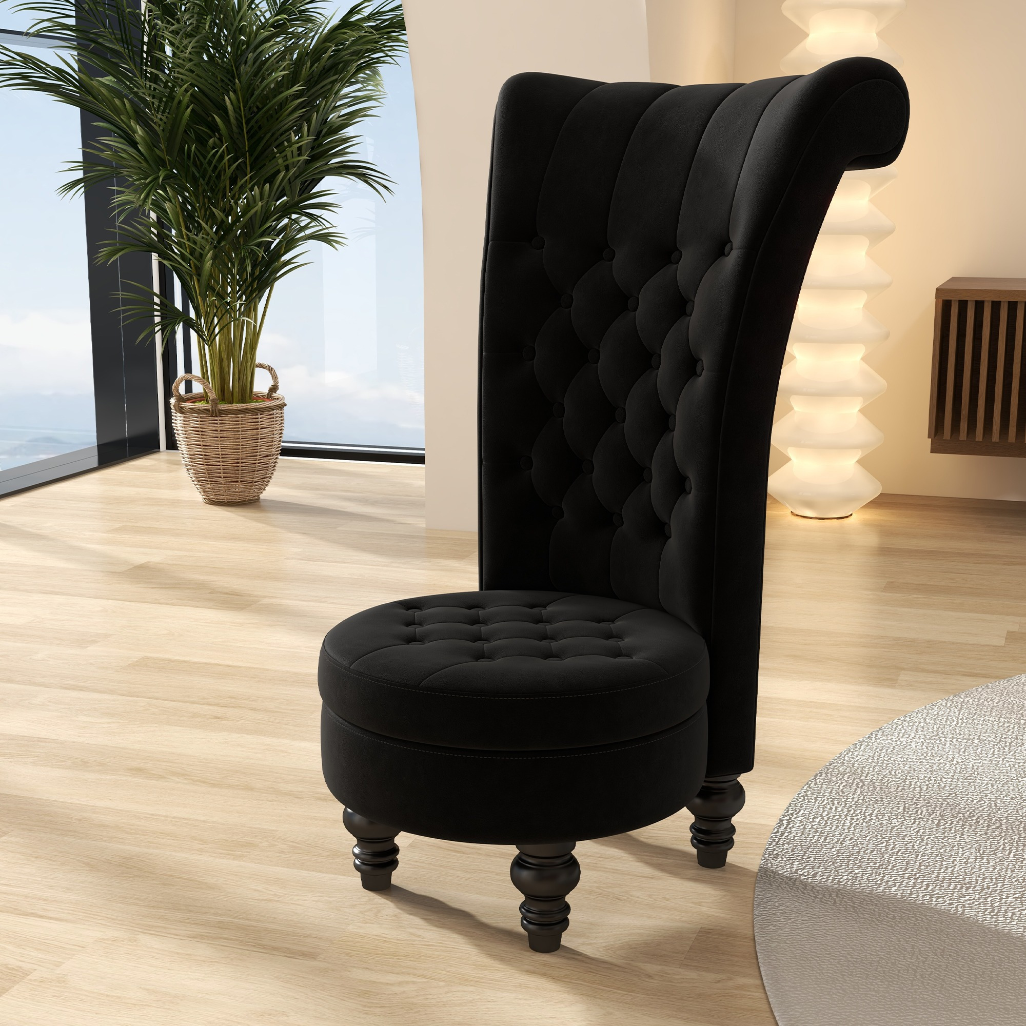 

High Back Armless Accent Chair With Tufted Upholstery, Throne Chair For Living, Dressing, And Bedroom