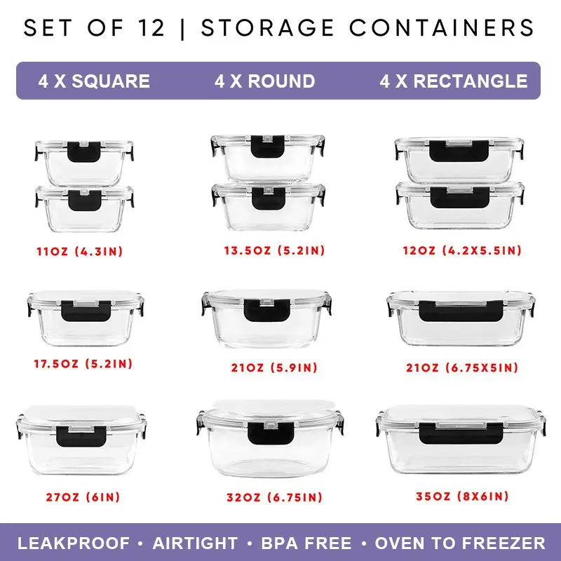 24pcs 12 lids 12 glass bowl glass food storage containers with airtight lids glass meal prep containers for lunch kitchen storage containers airtight freezer containers reusable ideal for food storage in microwave ovens refrigerators dishwashers offices schools and camping Product details 8