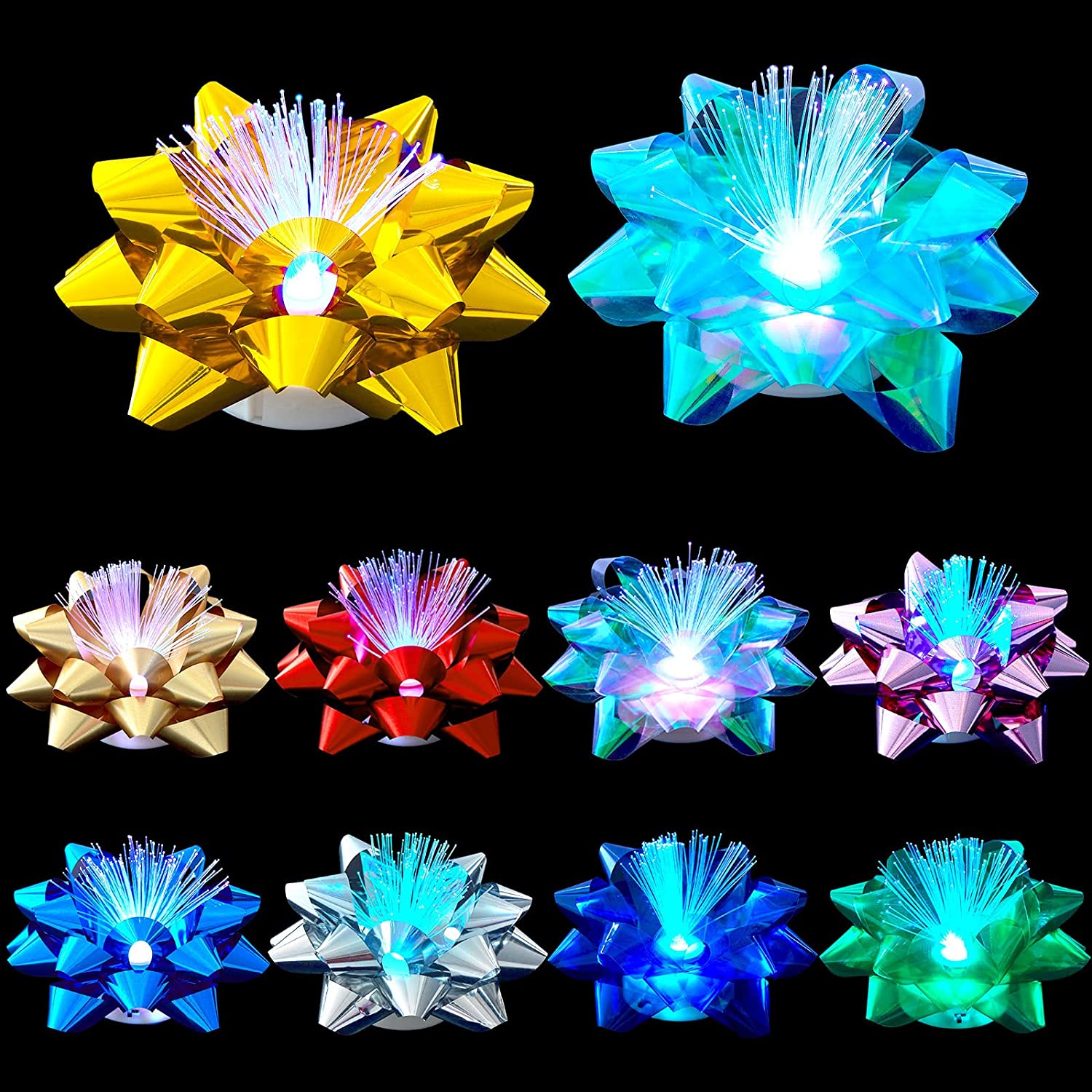 

12 Light Up Gift Bow Assortment, Iridescent Led Ribbon Bow For Gift Packaging And Decorations- Fiber- Ribbon Flower Bows With Lights, Self Adhesive