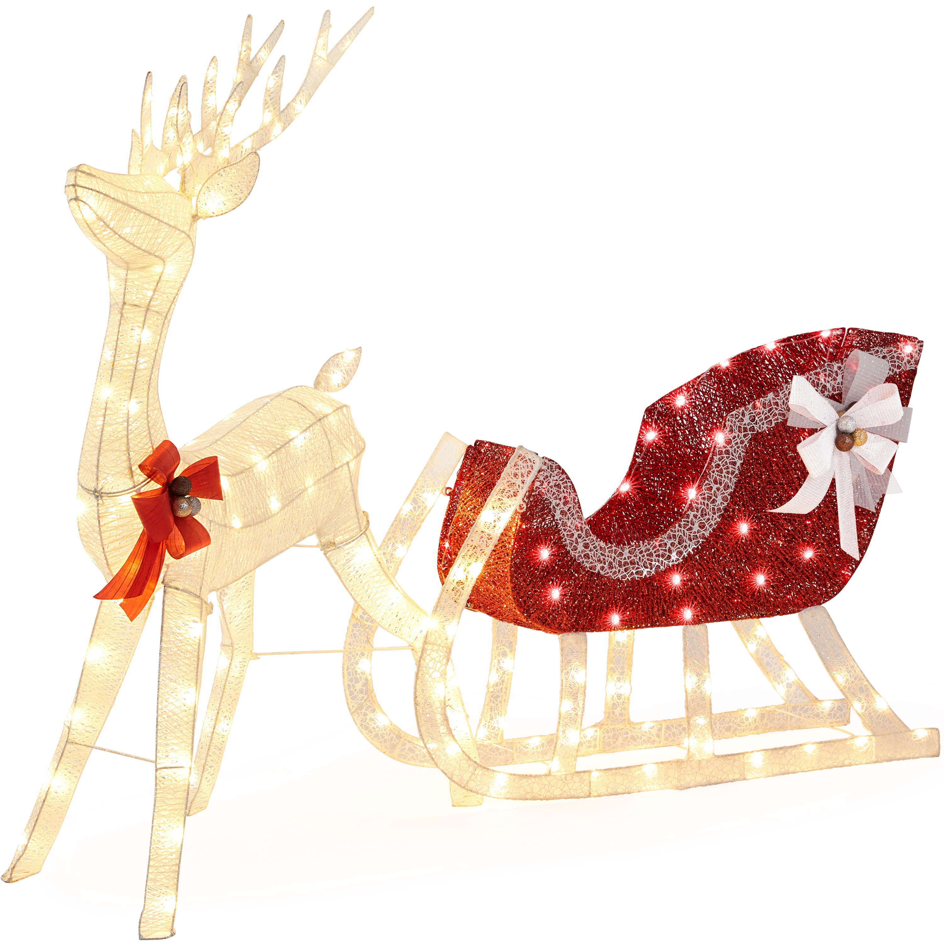 

Lighted Christmas Reindeer & Sleigh Set, Pre-lit Christmas Décor With 205 Warm White Led Lights For Indoor Decoration, White/gold