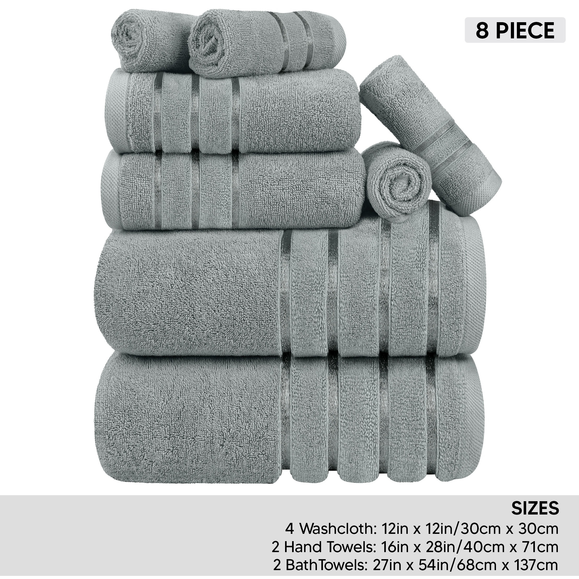 

8 Premium Towels, 2 Bath Towels, 2 Hand Towels, And 4 Wash Cloths, 600 Gsm Viscose Absorbent 100% Ring Spun Cotton Towels For Bathroom, Hotel, Spa, Gym