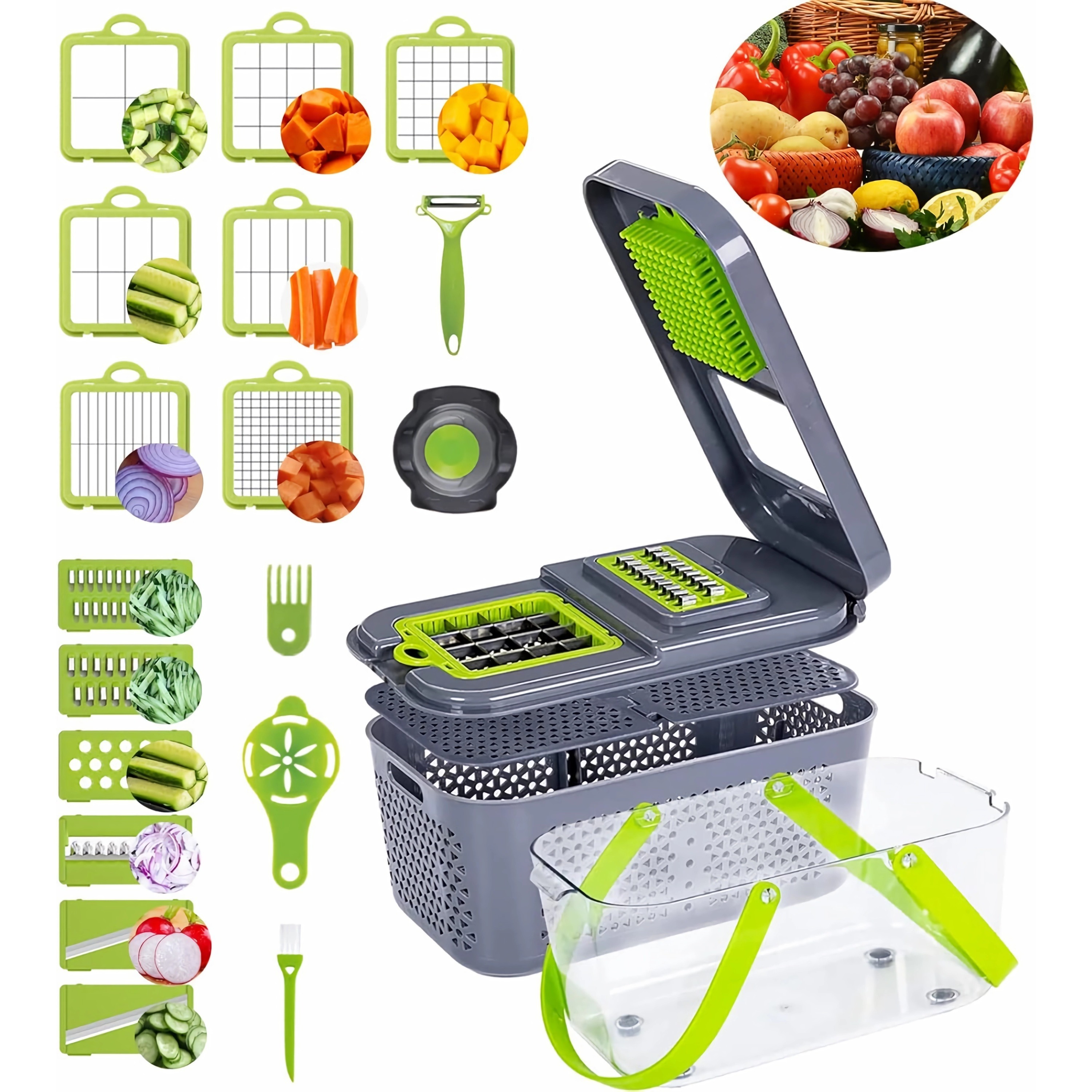 

22 In 1 Vegetable Cutter With Container Veggie And Dicers Food Chopper Cutter For Onion Tomato Multi Kitchen Tool With Lemon Squeezer -13 Blades