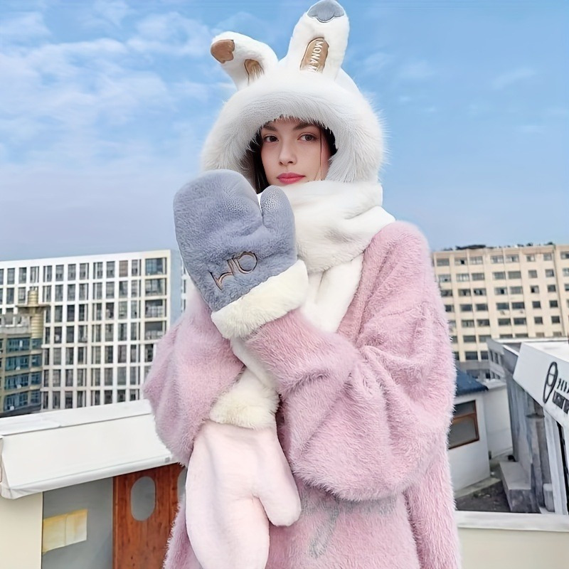 Cute Rabbit Ear Plush Beanie Hat Scarf Set Women Fluffy Fleece Animal Hoodie War Amazon.com: Women Bunny Hooded Beanie Scarf 2 in 1 Fluffy  main image 2