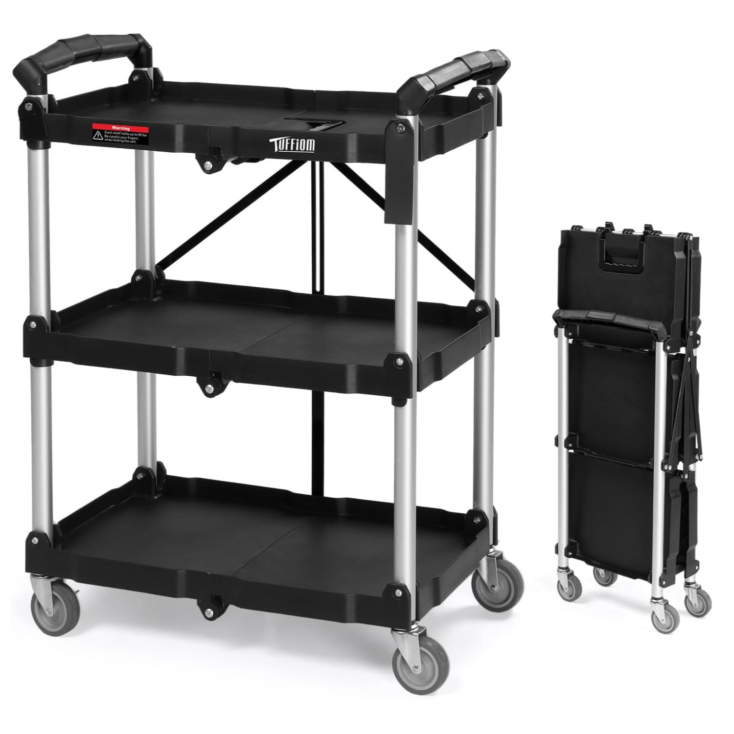 

3/4-tier Folding Utility Cart, Foldable Rolling Cart With Wheels, 165lbs Weight Capacity & No Required, Collapsible For Home, Office, School, Garage, And Warehouse