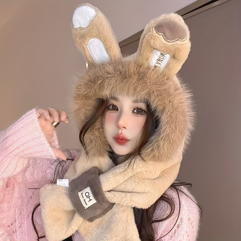 festive bunny ears plush hat scarf mittens set perfect - Temu display picture 3