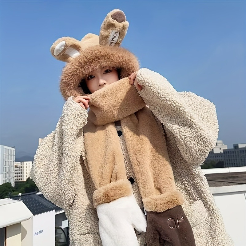 festive bunny ears plush hat scarf mittens set perfect - Temu display picture 1