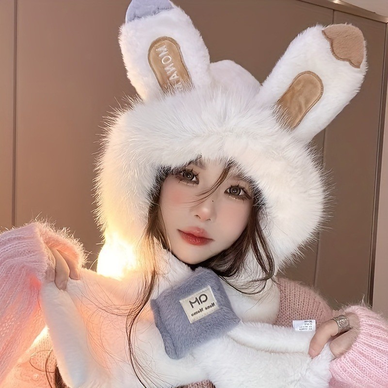 Bunny & Teddy Plush Handwarmer Scarf Hat Combo | Unisex Rabbit Bear Cosplay #774 3 In1 Gloves Scarf Rabbit Hat Long Ears Cute Cartoon Hat  main image 3