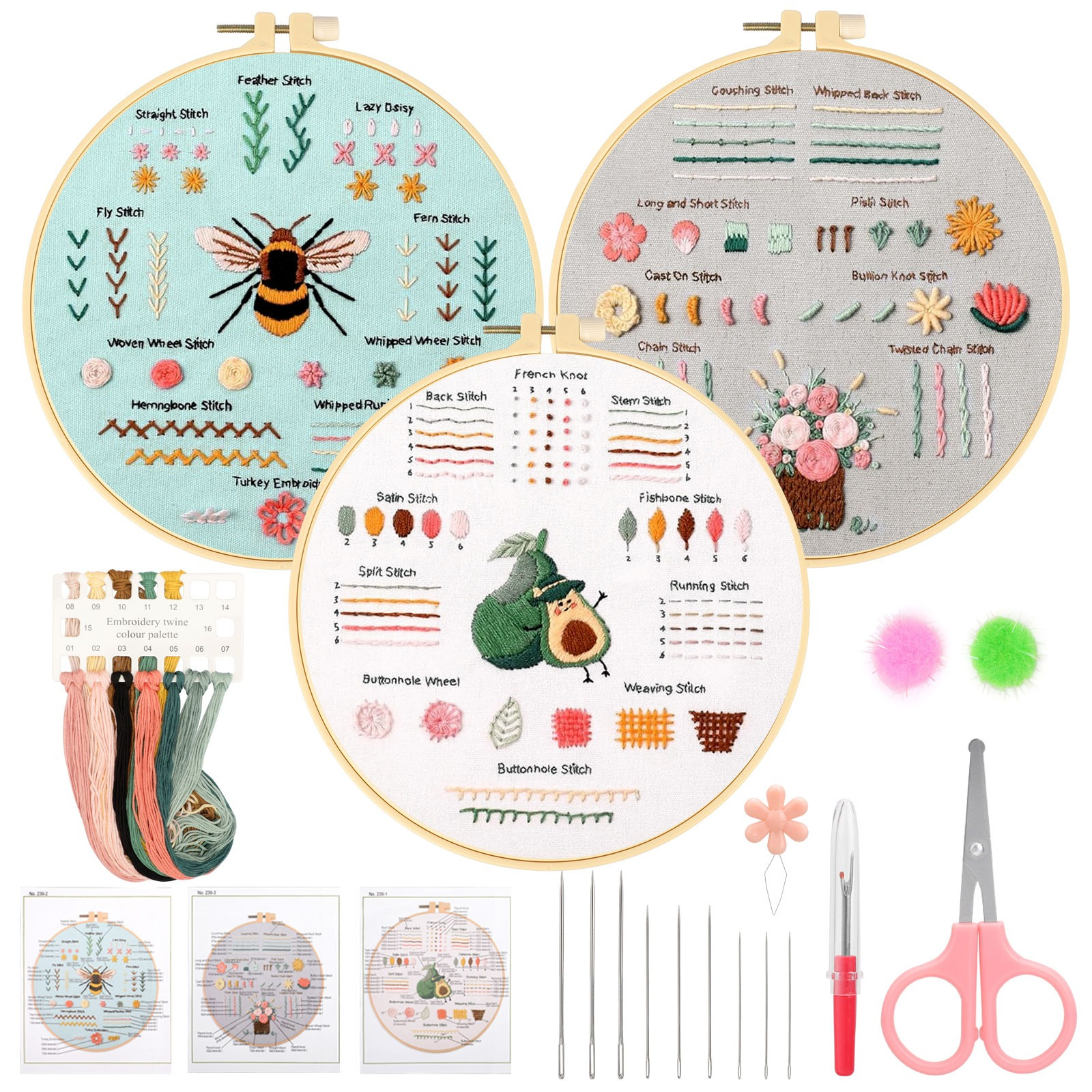 

3 Sets Embroidery For Beginners, Floral Embroidery Kit With Fabric Patterns, Hoops, Floss, Needles, And Instructions