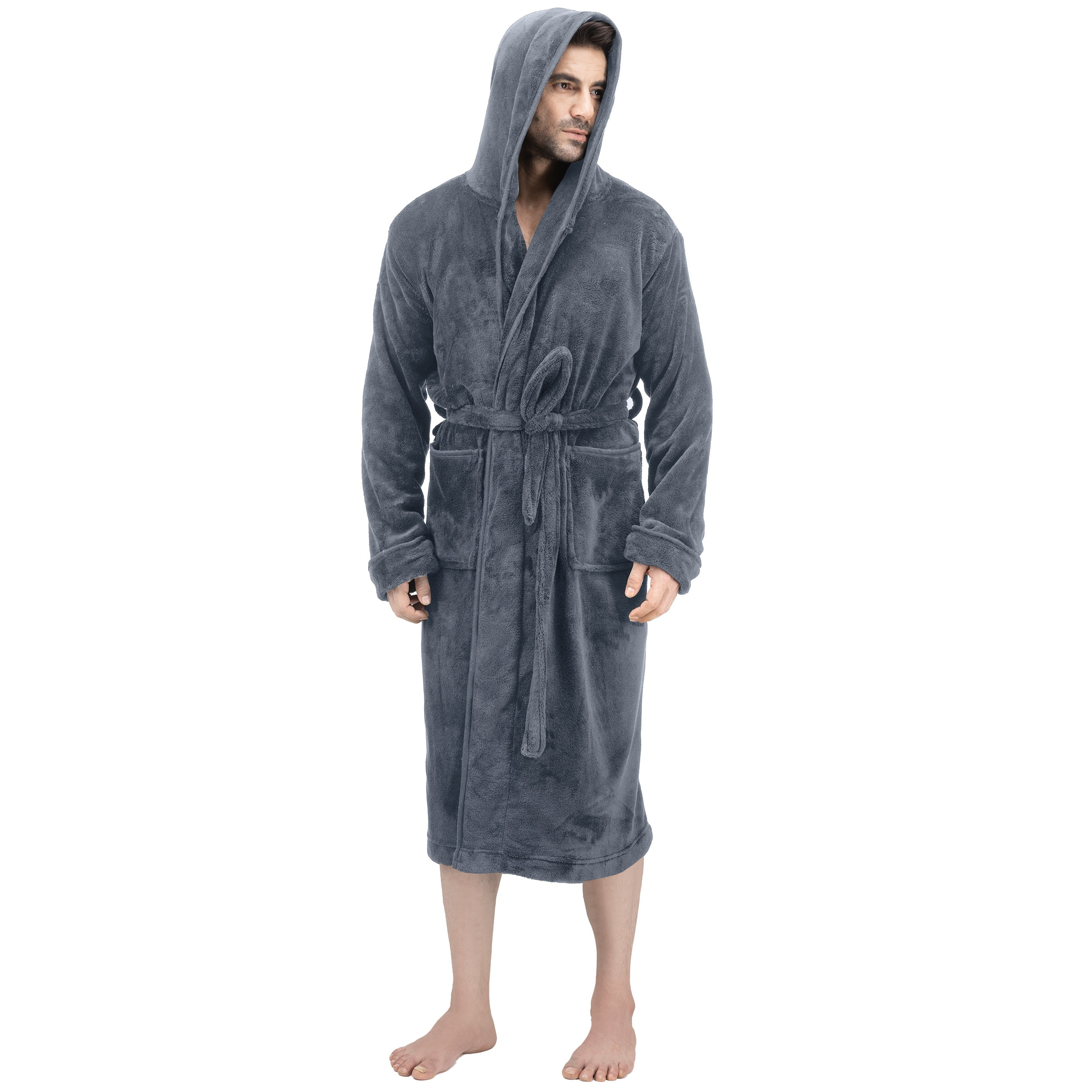 

Men Fleece Hooded Bathrobe Long Sleeve For , Plush Long Lace Up Spa Robe