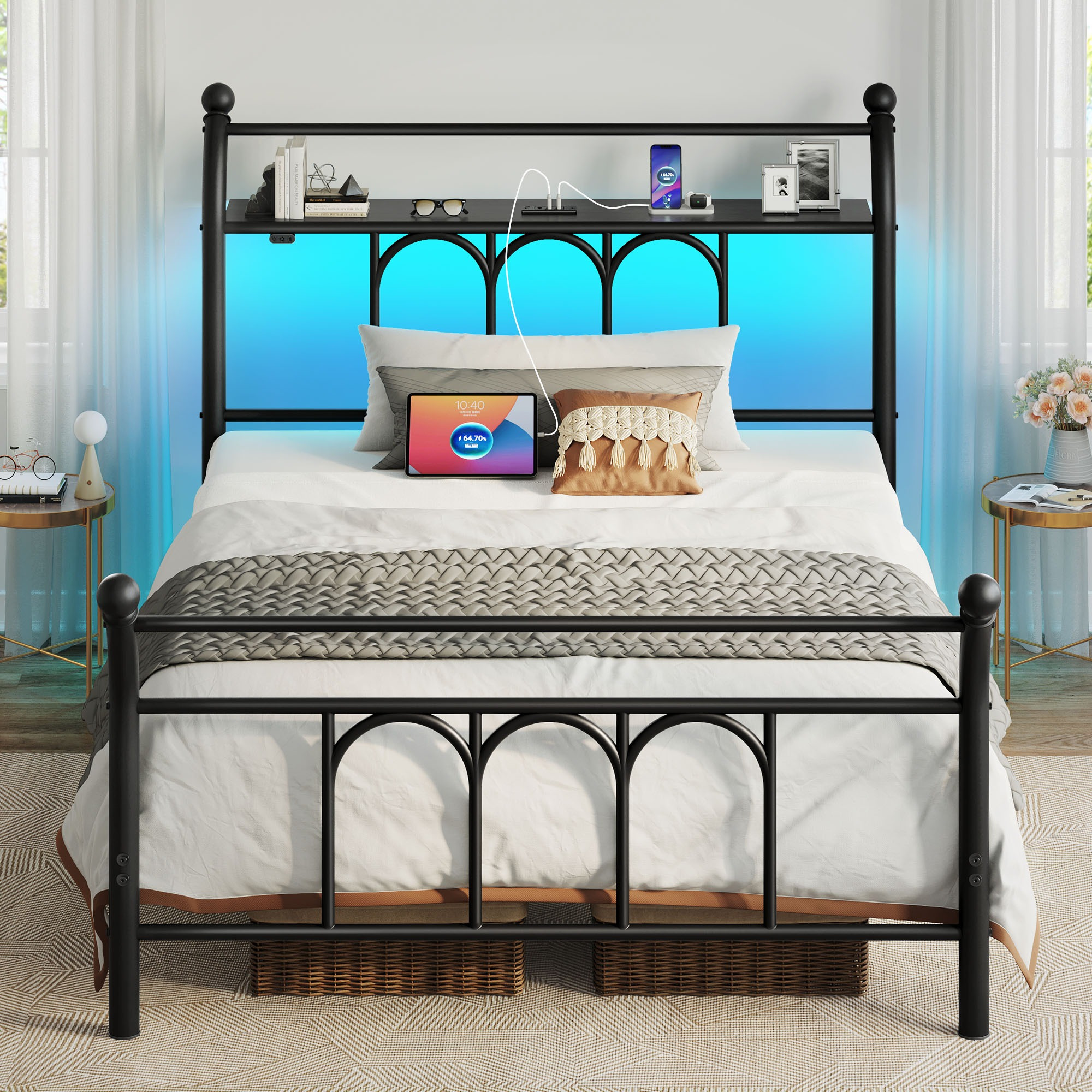 

Platform Bed Frame With Iron-art Headboard/footboard/under Bed Storage/ Spring Needed