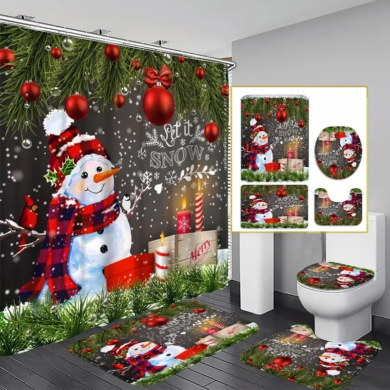 

4pcs Christmas Holiday Snowman Curtain Shower Curtain Decoration, Housewarming Decoration, Shower Curtain And Mat - Set Comes 12 Shower Curtain