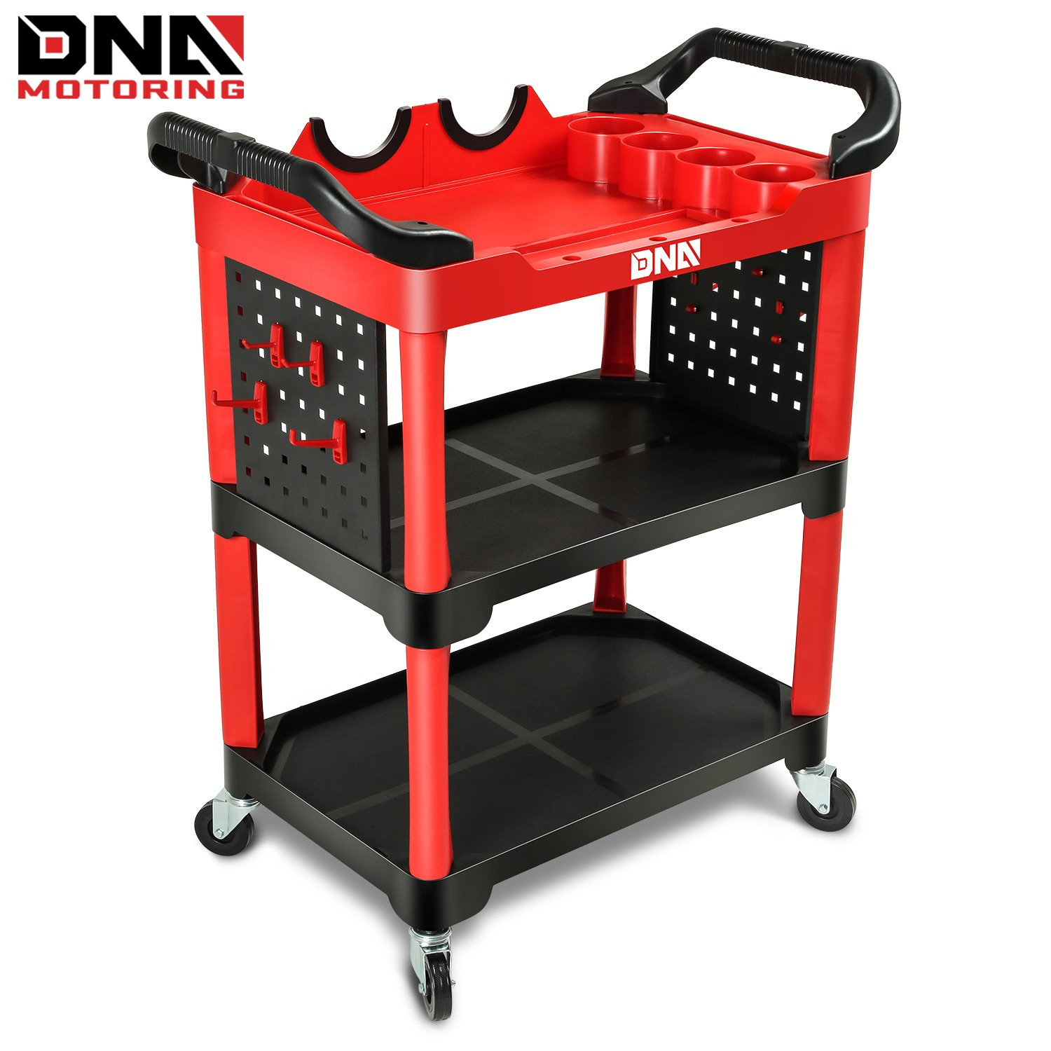 

3-level Heavy Duty Composite Workshop Trolley 120 Kg / 260 Lbs Capacity Cart Side Portable On Wheels W/pegboard For Garage Warehouse Workshop Use, Black/red