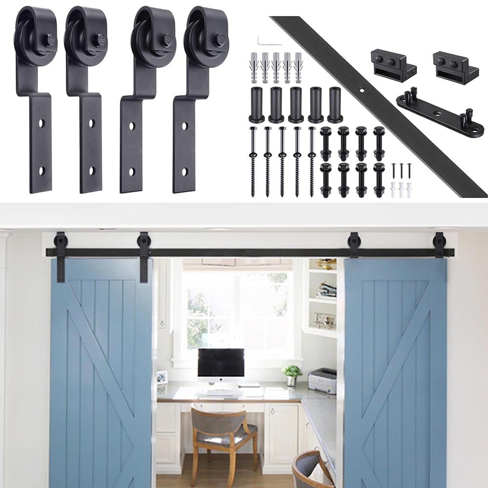 

6.6ft Bypass Steel Sliding Barn Door Hardware Track Kit For Double Door Black