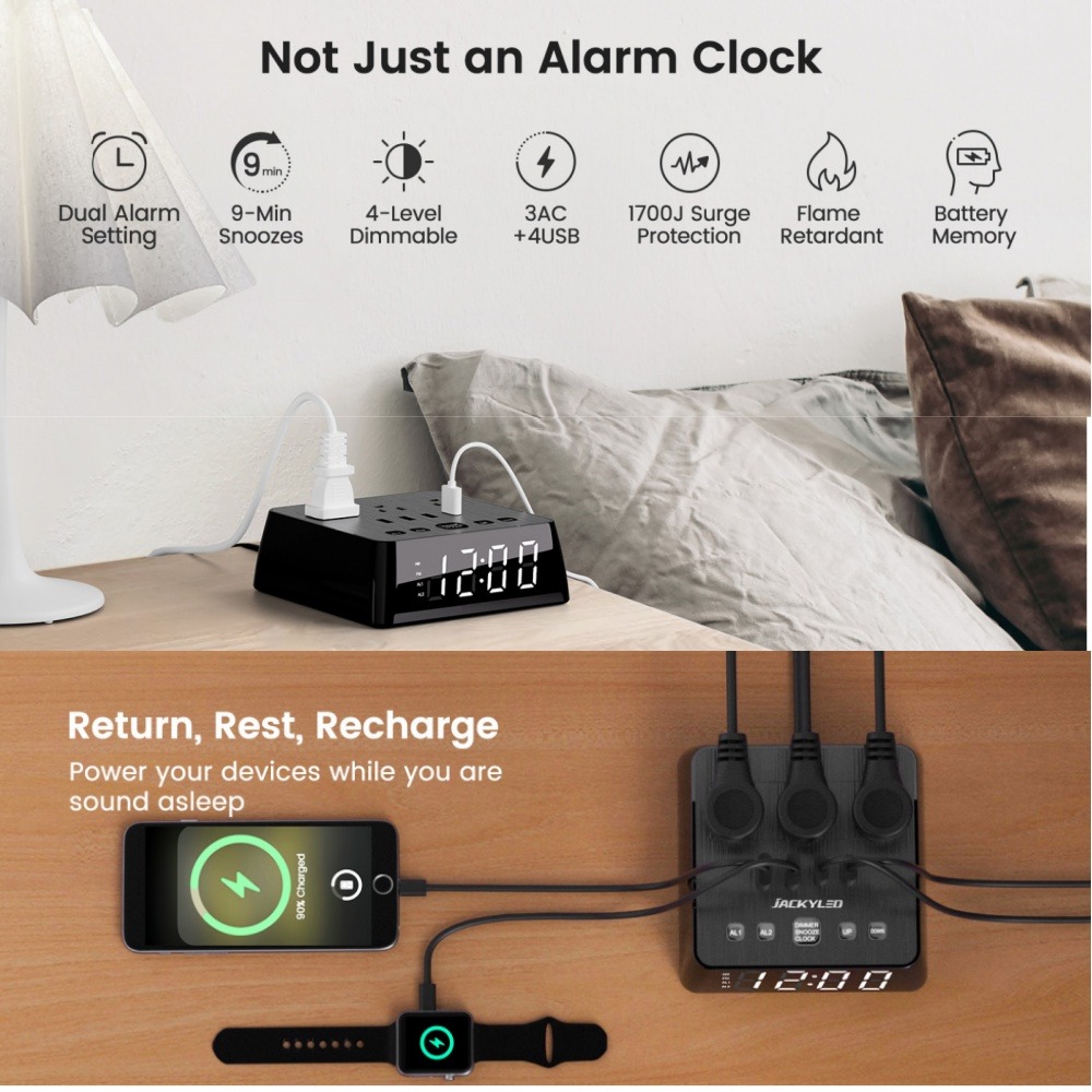 

Alarm 4 Usb Superdanny 3 Outlets 1700j Nightstand Dimmable Alarm And For , Led Display