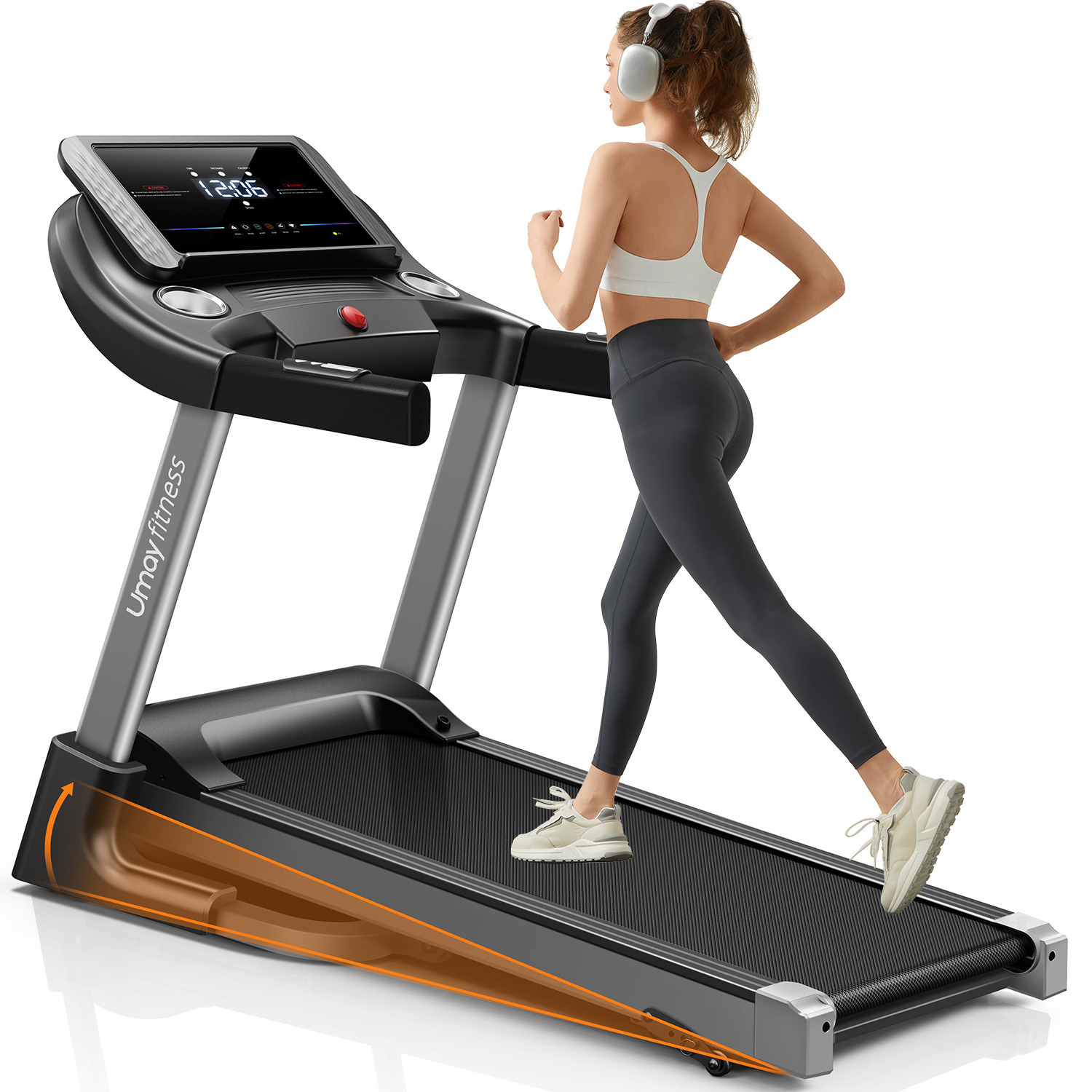 

Umay Fitness Home Auto Folding Incline Treadmill With Sensors, 3.0 Quiet Brushless, 8.7 Mph, 300 Lbs Capacity, Black