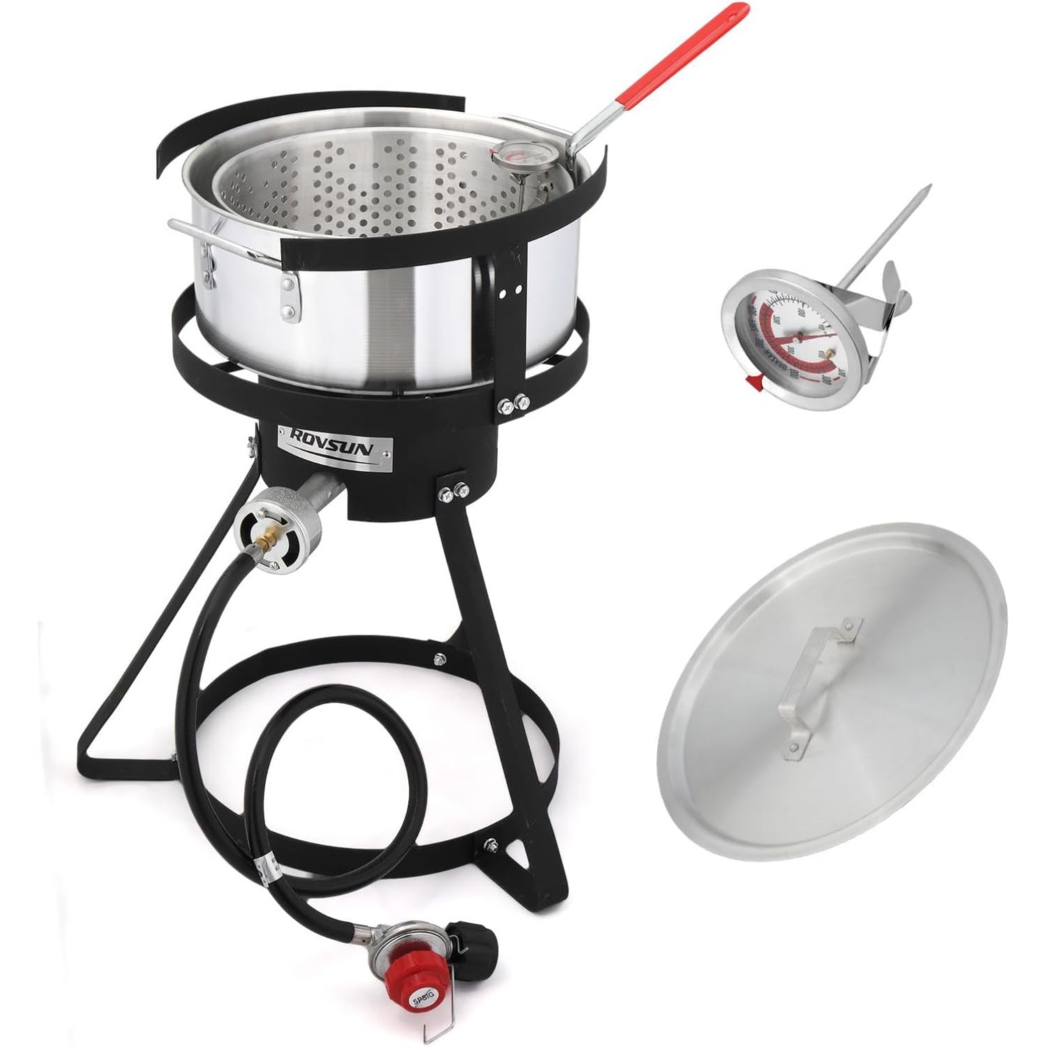 TEMU 10qt Fish Fryer Pot With 55,000 Btu Propane Burner, 6.7qt Strainer Basket, Thermometer & Lid, Aluminum Pot For Fish , Seafood Frying & Outdoor Backyard Cooking