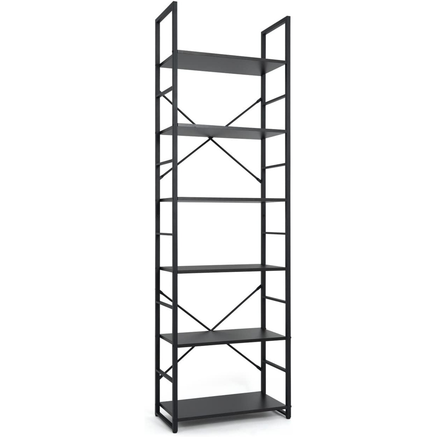 6 Tier Bookshelf, 24 Inch Width Free Standing Shelf, Bookcase Shelf Storage Organizer, Shelves For Home Office, Living Room, Kitchen, White Wooden Shelves & Gold Frame