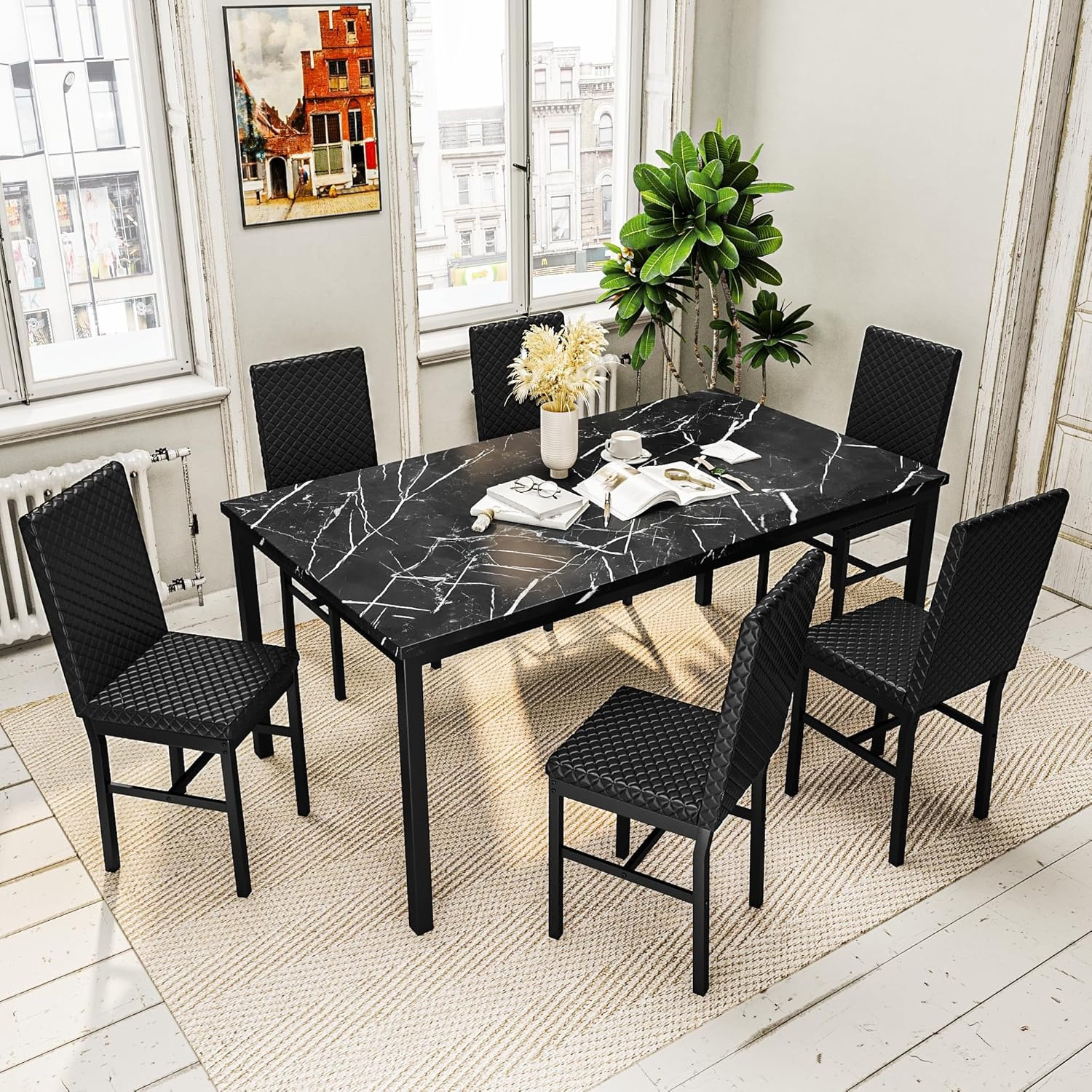 

Dining Table Set For 6, Table And 6 / Pu Upholstered Chairs, 7 Dining Table Set Metal Frame, Set For Small , Dining , ,