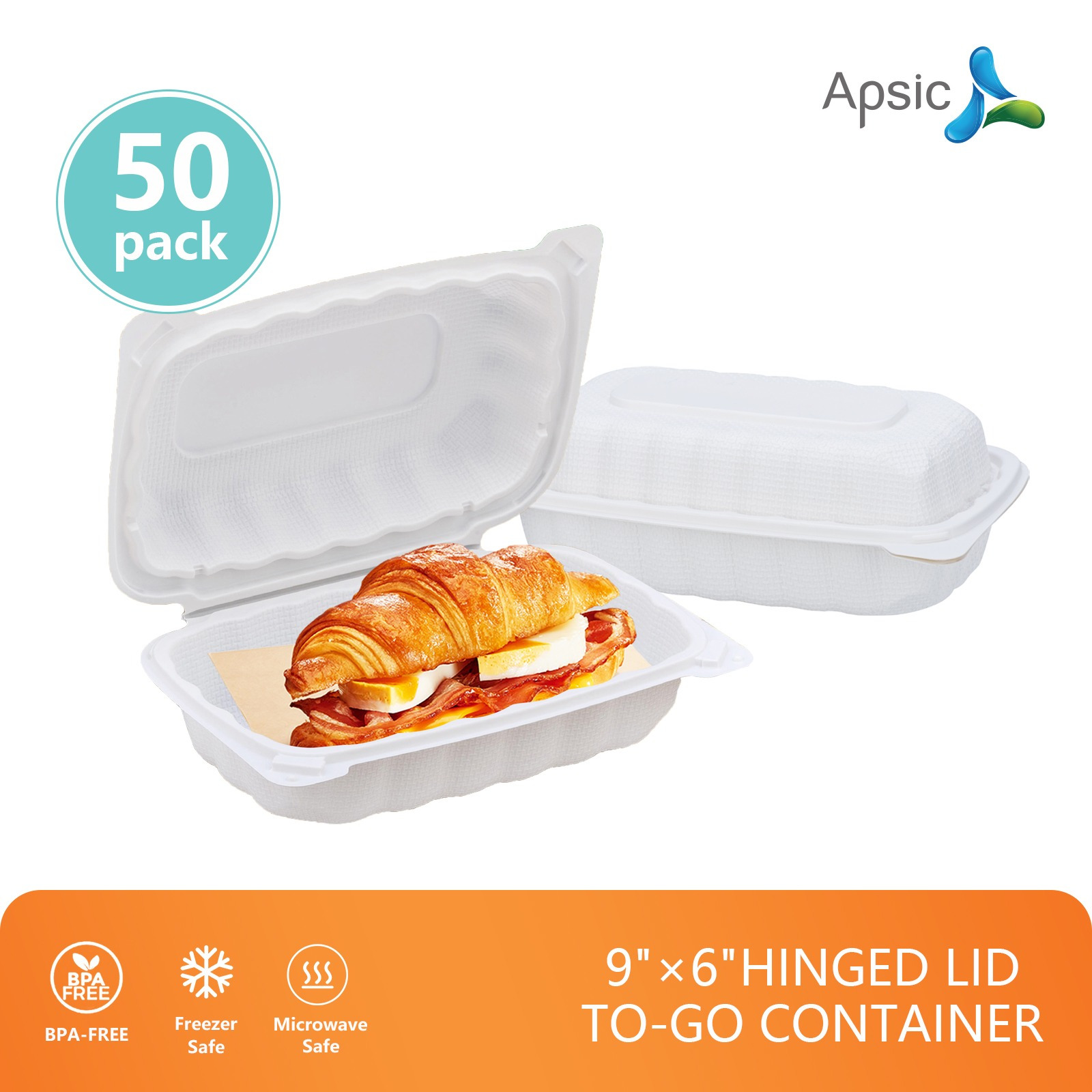 

50 Pack 9"x6" Apsic Heavy Duty Clamshell Take Out Food Containers With Lids - Disposable Hinged To Containers - Plastic Meal Prep Containers Boxes For Lunch - Microwave & Freezer Safe, White