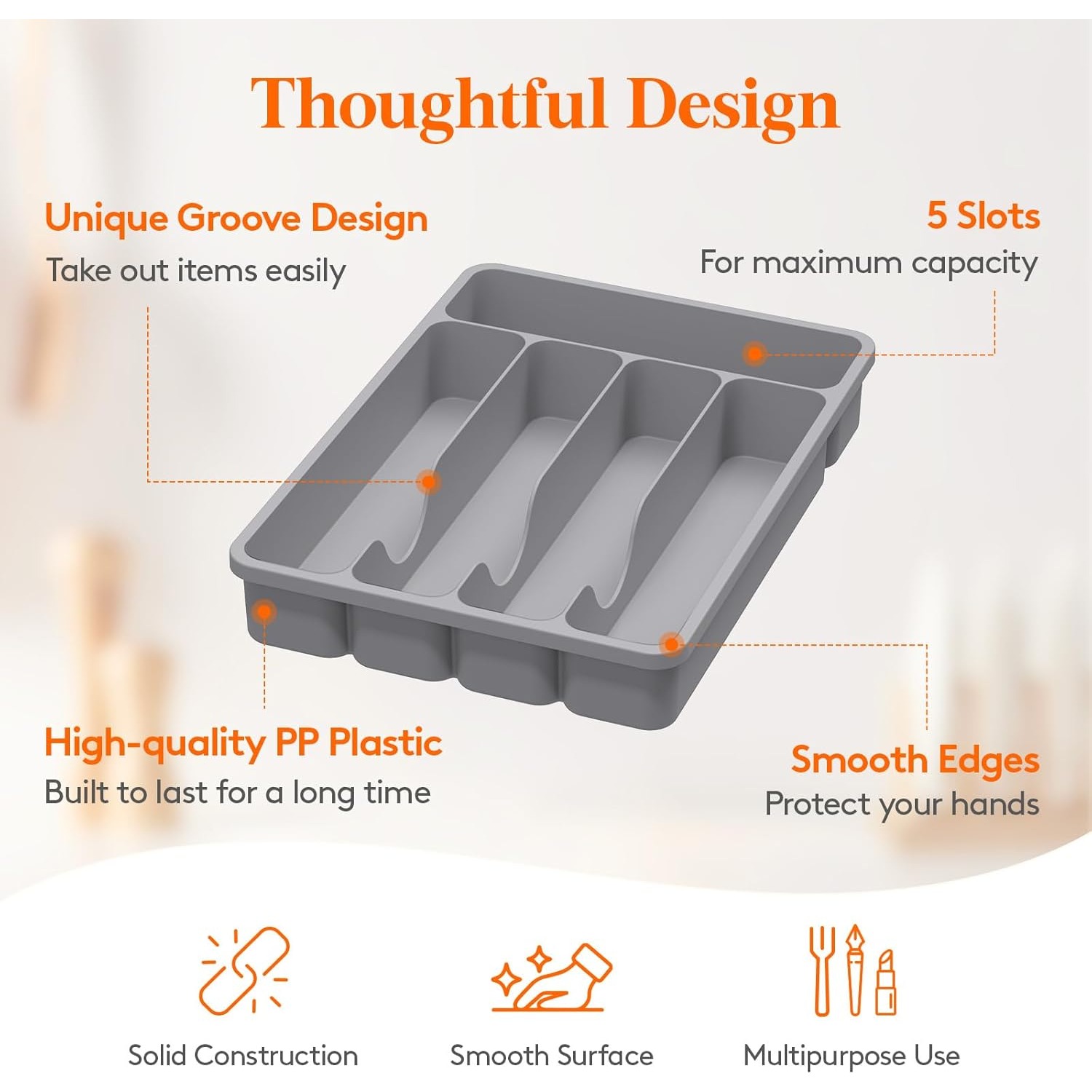 TEMU 5 Compartment, Silverware Drawer Organizer Tray, Plastic Cutlery Storage For Kitchen Drawer, Flatware And Utensil Holder Divider For Spoons Forks Knives Tableware, Gray