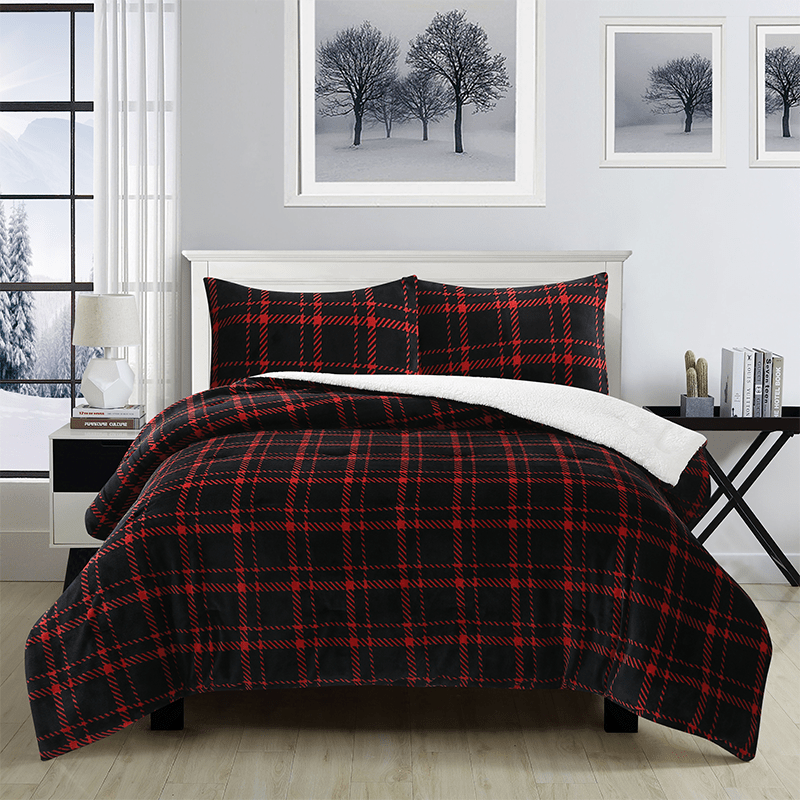 TEMU 3-piece Reversible Plush Sherpa Comforter Set - Flannel Bedding For Winter &