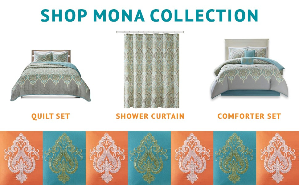 3 Piece Mona Full Queen Quilt set with Coverlet, king/Cal king size Quilt set 3 piece, All Season Bedding Quilt & sets, Matching Coverlet Standard Sham Bed In A Bag, Teal/Grey soft Reversible Cotton Printed Coverlet Set