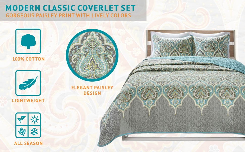 3 Piece Mona Full Queen Quilt set with Coverlet, king/Cal king size Quilt set 3 piece, All Season Bedding Quilt & sets, Matching Coverlet Standard Sham Bed In A Bag, Teal/Grey soft Reversible Cotton Printed Coverlet Set