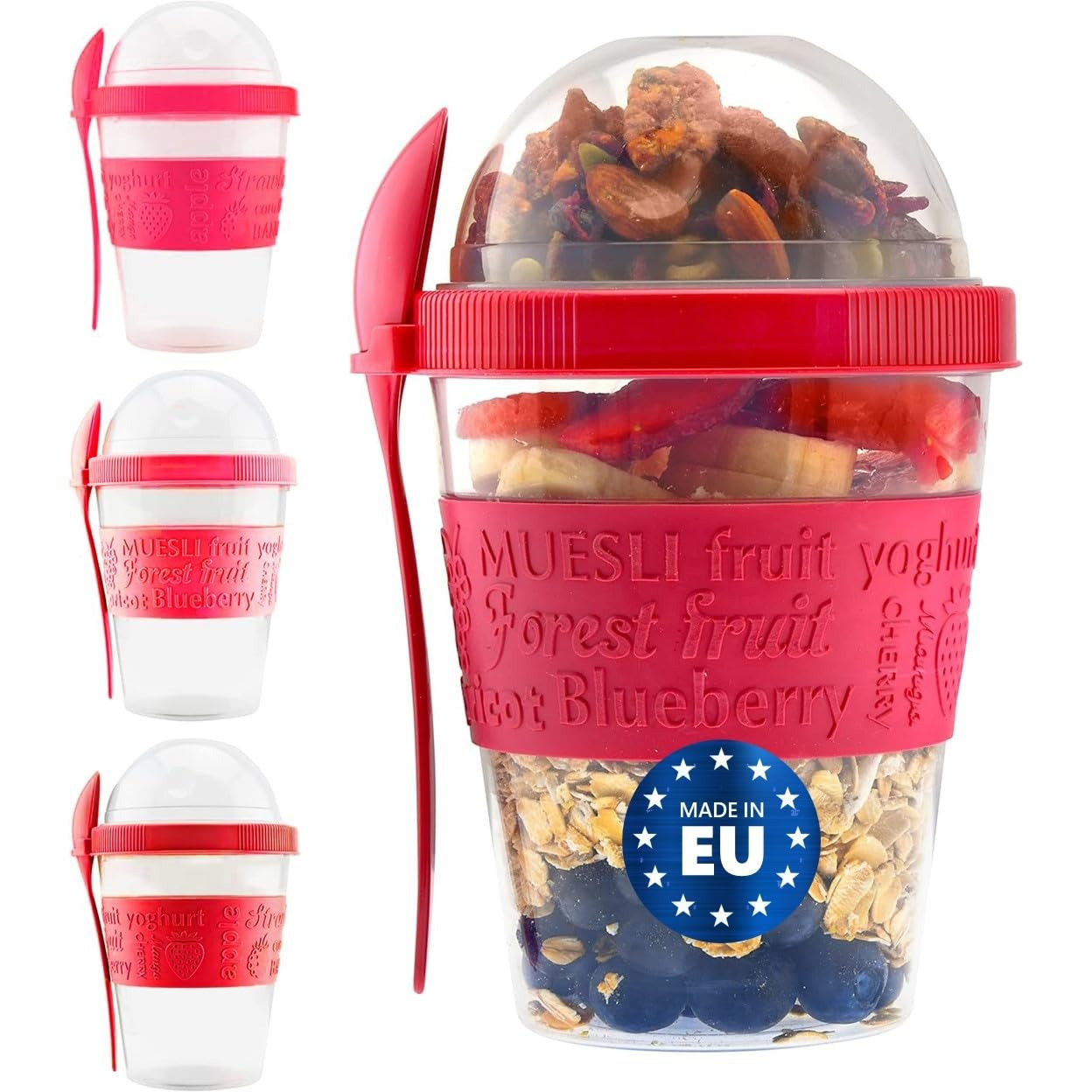 

[4 Pack] Red 20 Oz Overnight Oats Containers With Lid And Spoon - Portable Cup With Compartments For Topping Cereal Or Oatmeal