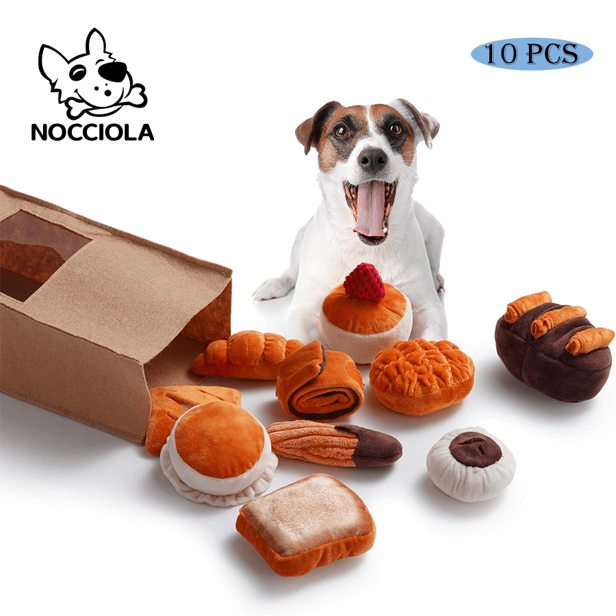 TEMU Nocciola 10 Pcs Bread Dog Toys With A Bread Bag | Crinkle Squeaky Dog Toys | Plush Dog Toys For Small Medium Dogs | Cute Stuffed Puppy Toys For