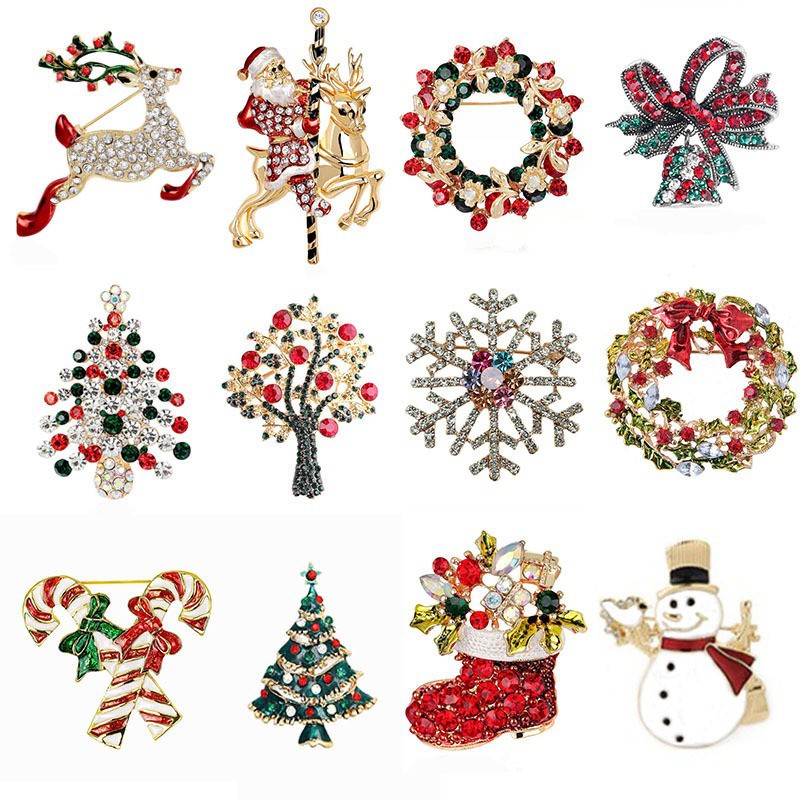 

12 Pcs Christmas Brooch Pins Set For Women Crystal Christmas Tree Wreath Snowman Reindeer Christmas Ornament Jewelry Pins Gift